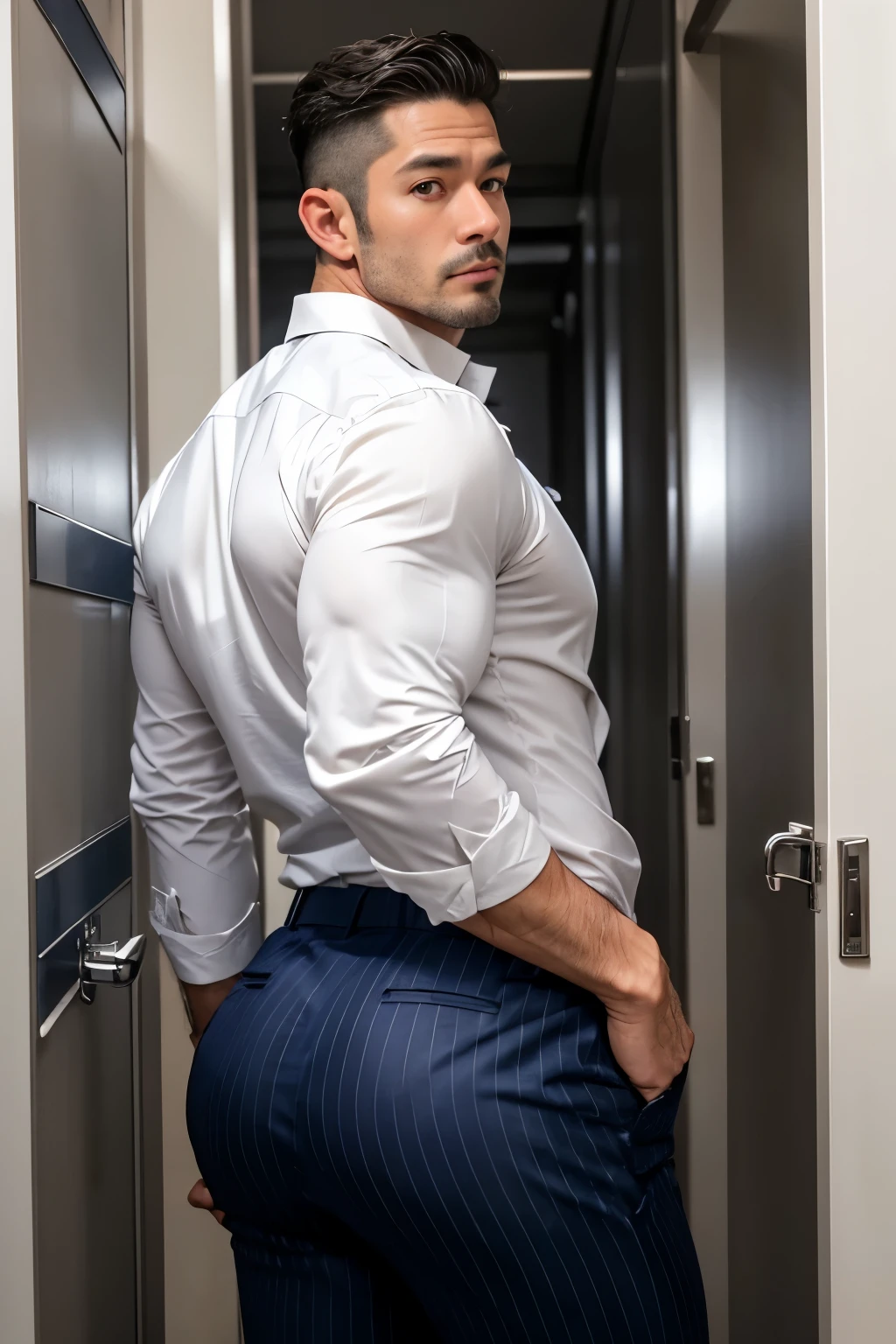 40-year-old boy ,Japanese muscular male in white formal shirt......... navy blue pinstripe trouser..... seductive expression....................  dripping on body and pants...................., arching back............... looking back to the camera. [[ big unrealistic butt,]] hairy legs.................. muscular thigh......................low angle camera........... in locker room........