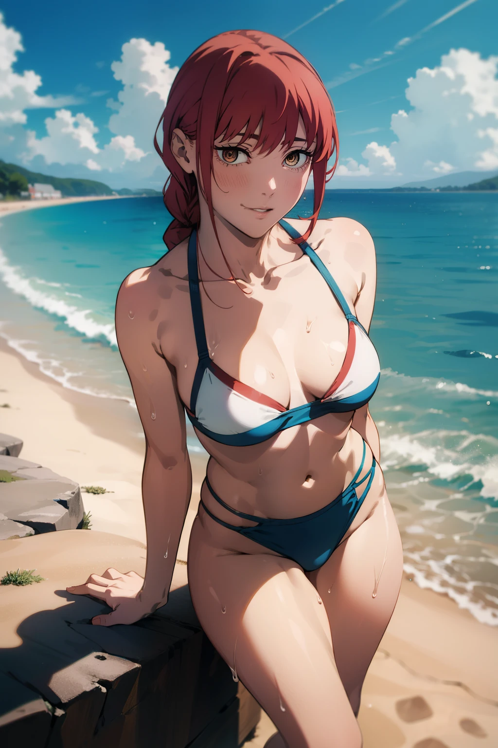 1girl, solo,underwear, navel, breasts, realistic, long hair,, lips, looking at viewer, red hair, collarbone,braided ponytail,yellow eyes, sitting, cowboy shot, jewelry, standing, from Above, one piece school bikini, legs open wide, dynamic pose, white skin, pale skin, sweaty armpits, outside, sun, skies, blue skies, seaside, beach sand, cameltoes, 16:9