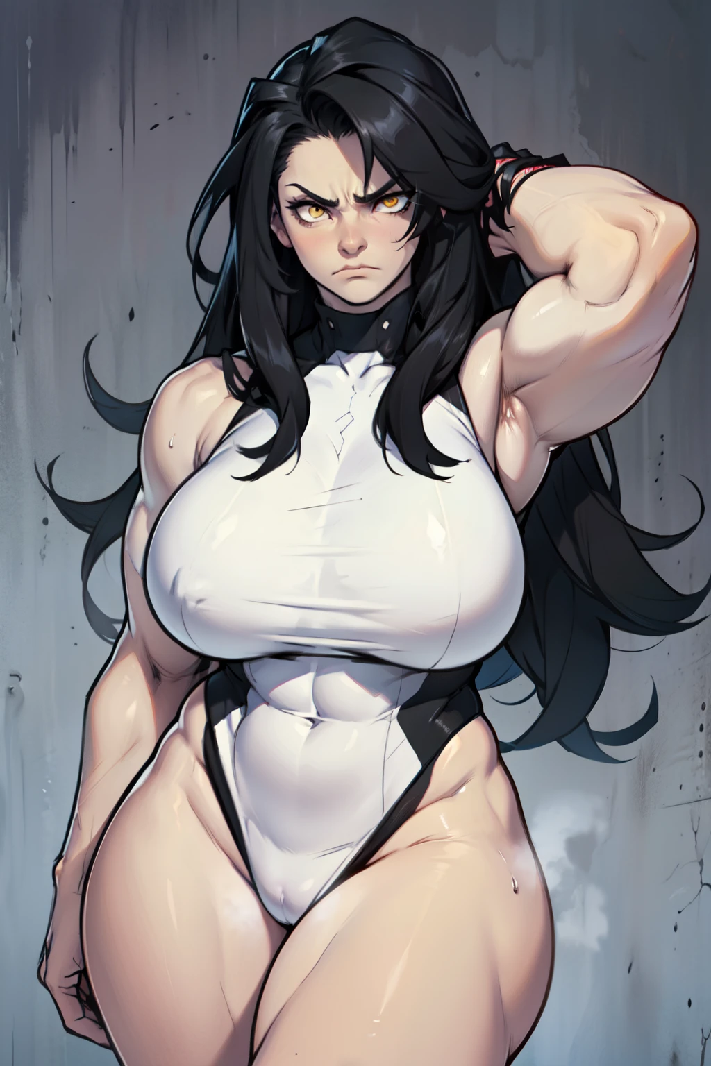 ((muscular)) huge breasts huge breasts huge breasts pale skin black hair yellow eyes very long hair frown female