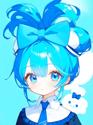 1girl, solo, Cinnamiku, blue hair, blue eyes, hair rings, hair bow, blue bow, (cinnamoroll, tied ears), black sleeves, bare shoulders, blue necktie, wide sleeves, collared shirt, detached sleeves, necktie, blue necktie, frilled collar, cute, hair_behind_ear, (chibi_style:1.2),