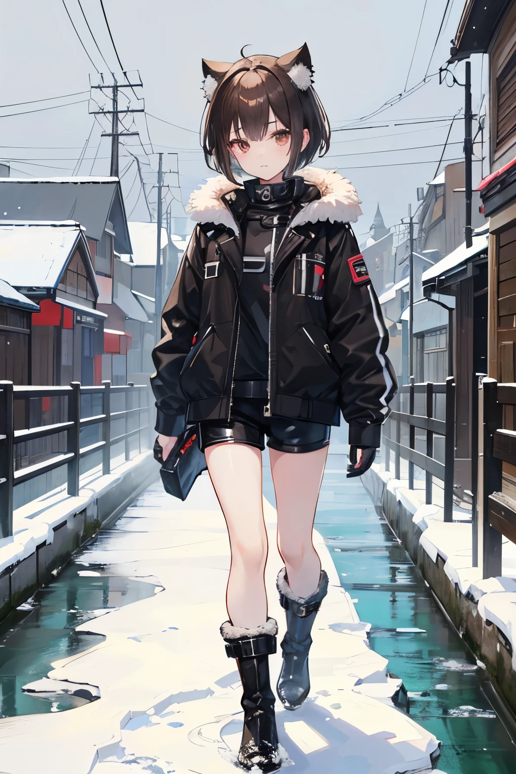 
girl、black hair、short hair、Jacket with fur（black）、hot pants（gray）、boots with buckles（Brown）、Ear warmers、（Flat Brown）、While walking、Otaru Canal、Snow Scene