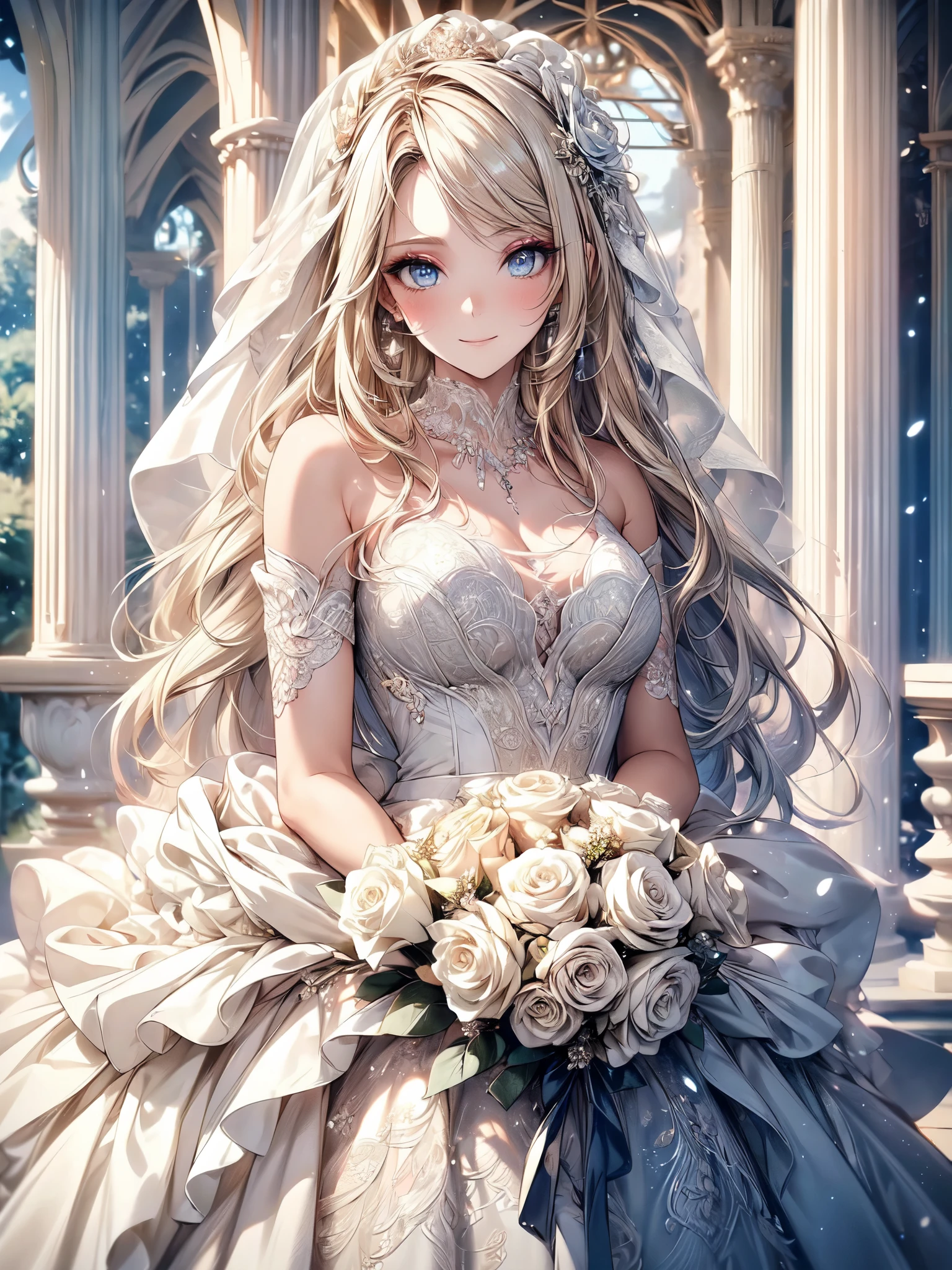(masterpiece, best quality, beautiful and aesthetic:1.3), looking at viewer, 1girl, solo, light smile, (makeup, long hair, light beige hair, blue eyes:1.2), Octane Render, bridal veil, lace-trimmed dress, see-through, wedding dress, outdoors, white roses, garden, morning, standing, extreme detailed,