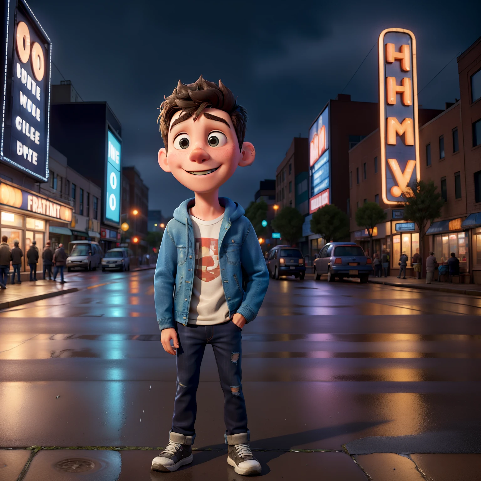 Describe the scene of a young man with a hoodie, wearing a faded denim jacket and old jeans, leaning against a tuned cinema marquee on a quiet evening. The neon lights of the marquee illuminate his face, revealing his enchantment in the movies depicted on it. Raindrops softly tap the pavement around him, and the distant hum of the city blends with the gentle sound of the rain. The boy remains still, lost in the fascinating world of cinema, longing for the day when he can create his own masterpieces and share them with the world. The vibrant colors of the marquee reflect on the wet pavement, casting an enchanting glow on the
