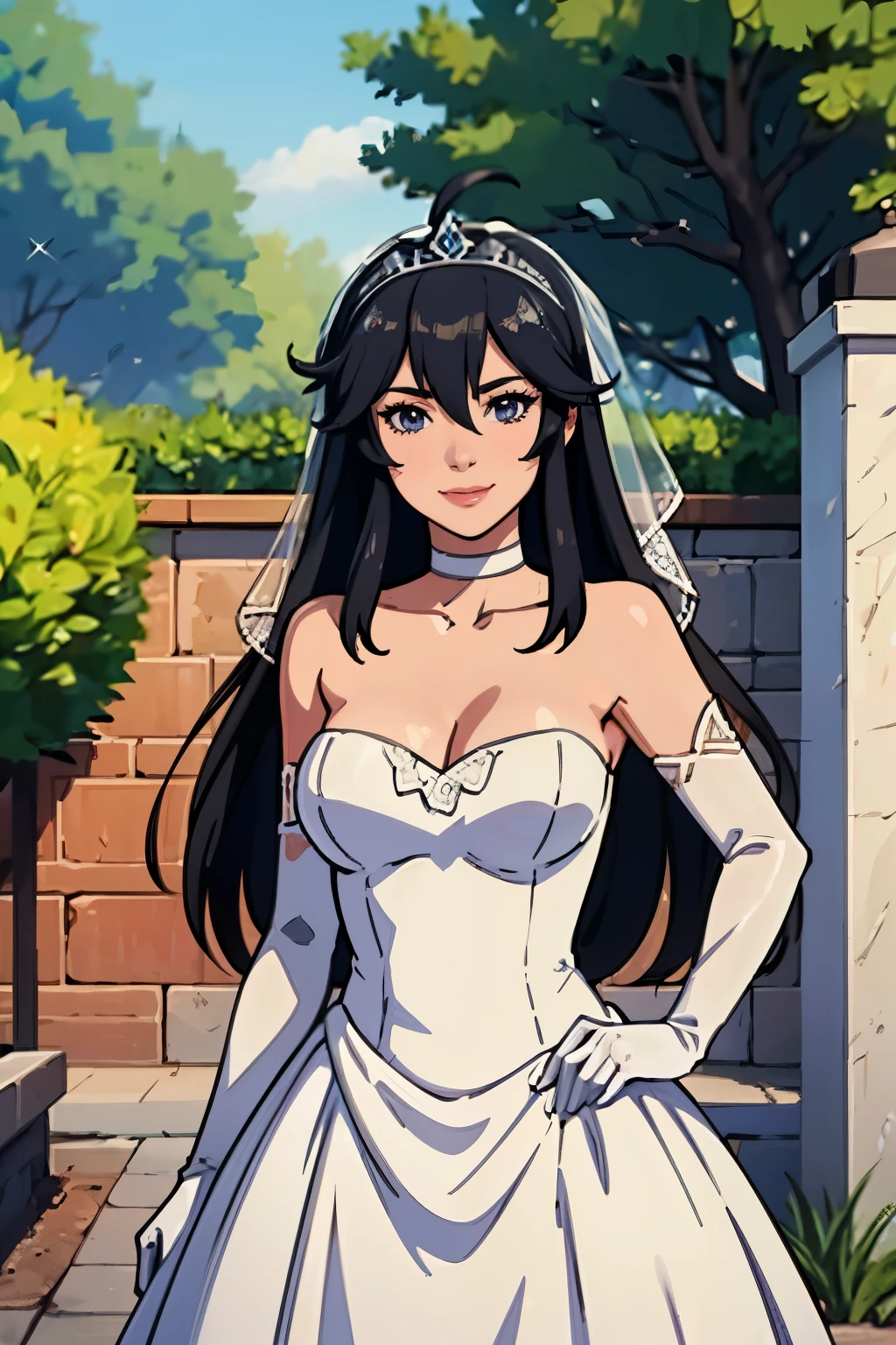 Ayra fe,  hair between eyes, ahoge, black hair, star \(symbol\), hair ornament, ruffled tulle dress, cleavage, bare shoulders, collarbone, long white elbow gloves, white gloves, white dress, white choker, strapless, tiara, veil, strapless dress, wedding dress, bridal veil, beautiful woman, perfect body, perfect breasts, wearing a wedding dress, ball gown, in the park trees, wedding decorations, a warm smile, realism, masterpiece, textured skin, super detail, high detail, high quality, best quality, 1080p, 16k