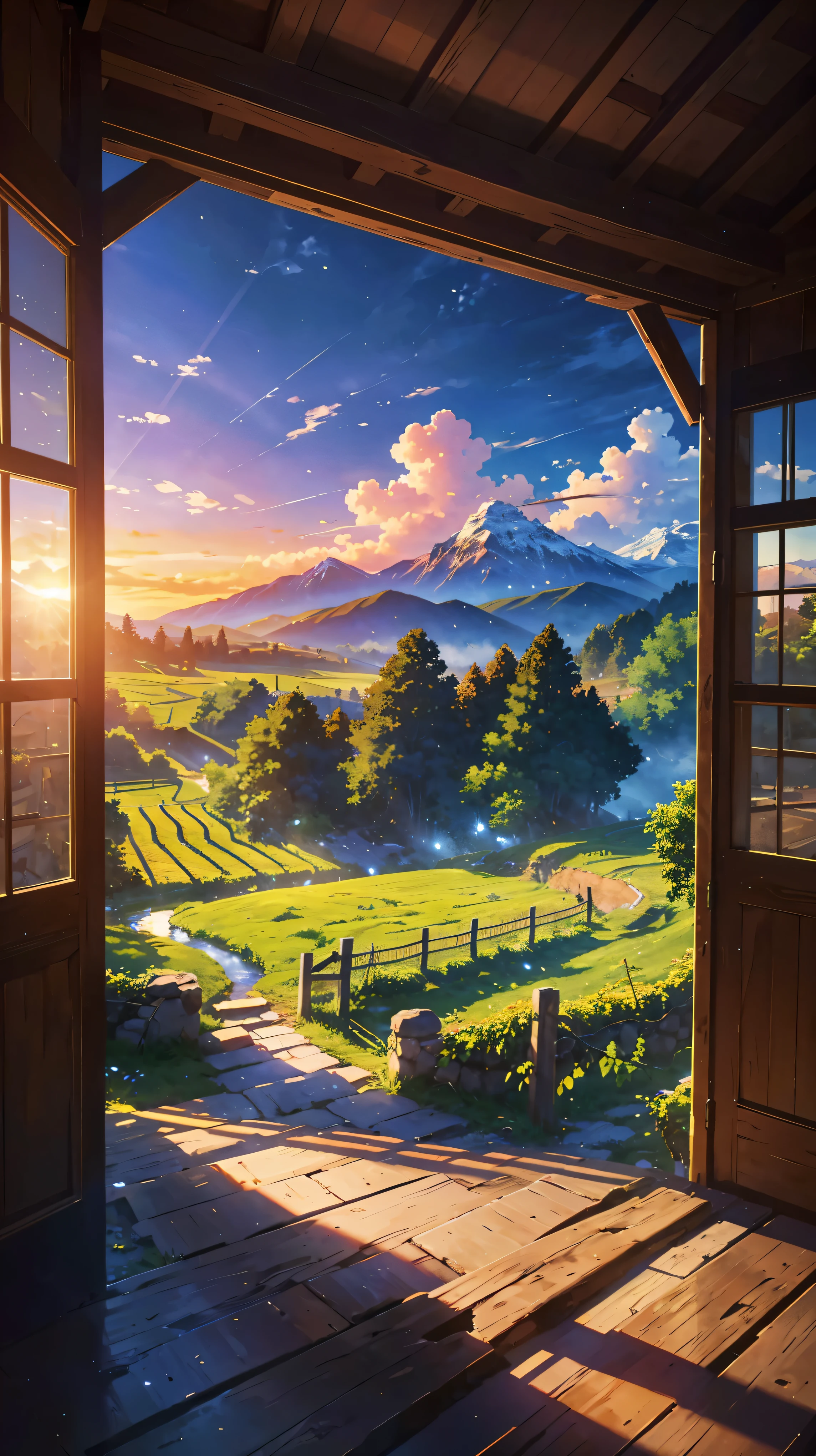 A beautiful landscape painting with a hut nestled in a vineyard at sunrise. The stone path leads through the vineyard, surrounded by lush grapevines. In the distance, snowy mountains rise majestically against the horizon. The landscape is dotted with tall trees, creating a serene and peaceful atmosphere. A calm and glistening valley stretches out beyond the vineyard, adding depth to the composition. The hut, made of weathered wood and surrounded by flourishing grapevines, exudes a sense of tranquility and rustic charm. The surrounding clouds reflect the soft hues of the morning sun, casting a warm and ethereal glow over the scene. The snowy mountains, trees, and valley are all meticulously detailed, capturing the essence of nature in this winter landscape. The painting is a masterpiece, created with the best quality materials, ensuring vibrant colors and incredible attention to detail. The overall composition is realistic and photorealistic, capturing the beauty and serenity of the vineyard in the middle ages. The harmony between the hut, vineyard, snowy mountains, and valley evokes a sense of peace and harmony.