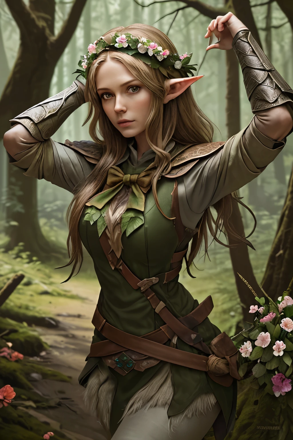wood elf, ranger, bow, in forest, leather armor, female, a wreath of flowers around her head