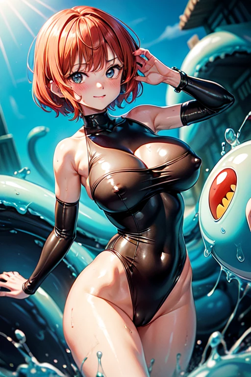 Browsing Caution, 1 person,highest quality, Best image quality, masterpiece, Very detailed, shape, Pool, One piece swimsuit, girl, Ranma,Red Short Hair, Slime nest, Slime (substance), ((服にSlimeがまとわりつく)),(((Big Breasts))),Erect nipples,Camel Toe,Imprisonment, Inhibition, bondage, big Slime, (Tentacles, Transparent body), (Grabbing her breasts),Browsing Caution,