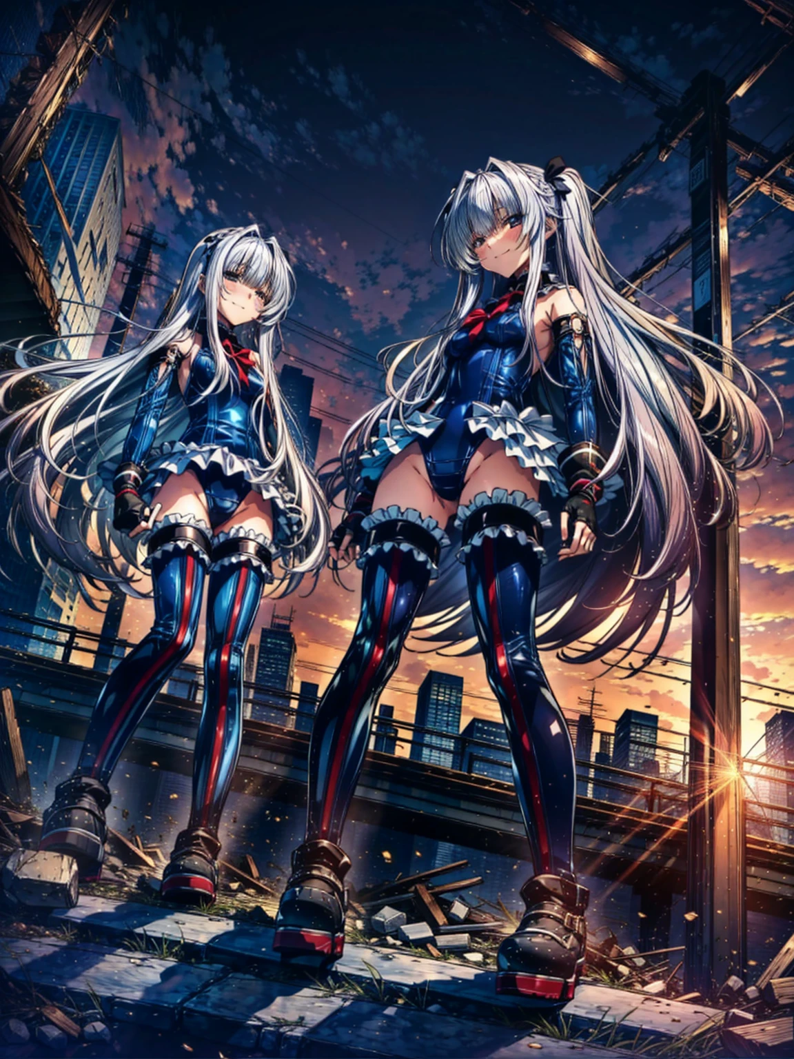 4k,perfect anatomy, highest quality, rose,evil smile,provocative attitude
,(ung Girls greet dawn on top of a pile of rubble:1.1),evil smile,anime style,(white ruffle swimsuit, Thighhighs, removed sleeve), (anime style:1.4) ,
silver hair,(white fingers:1.1,black gloves),very long hair,evil aura,(from below:1.4),
empty eyes,full body