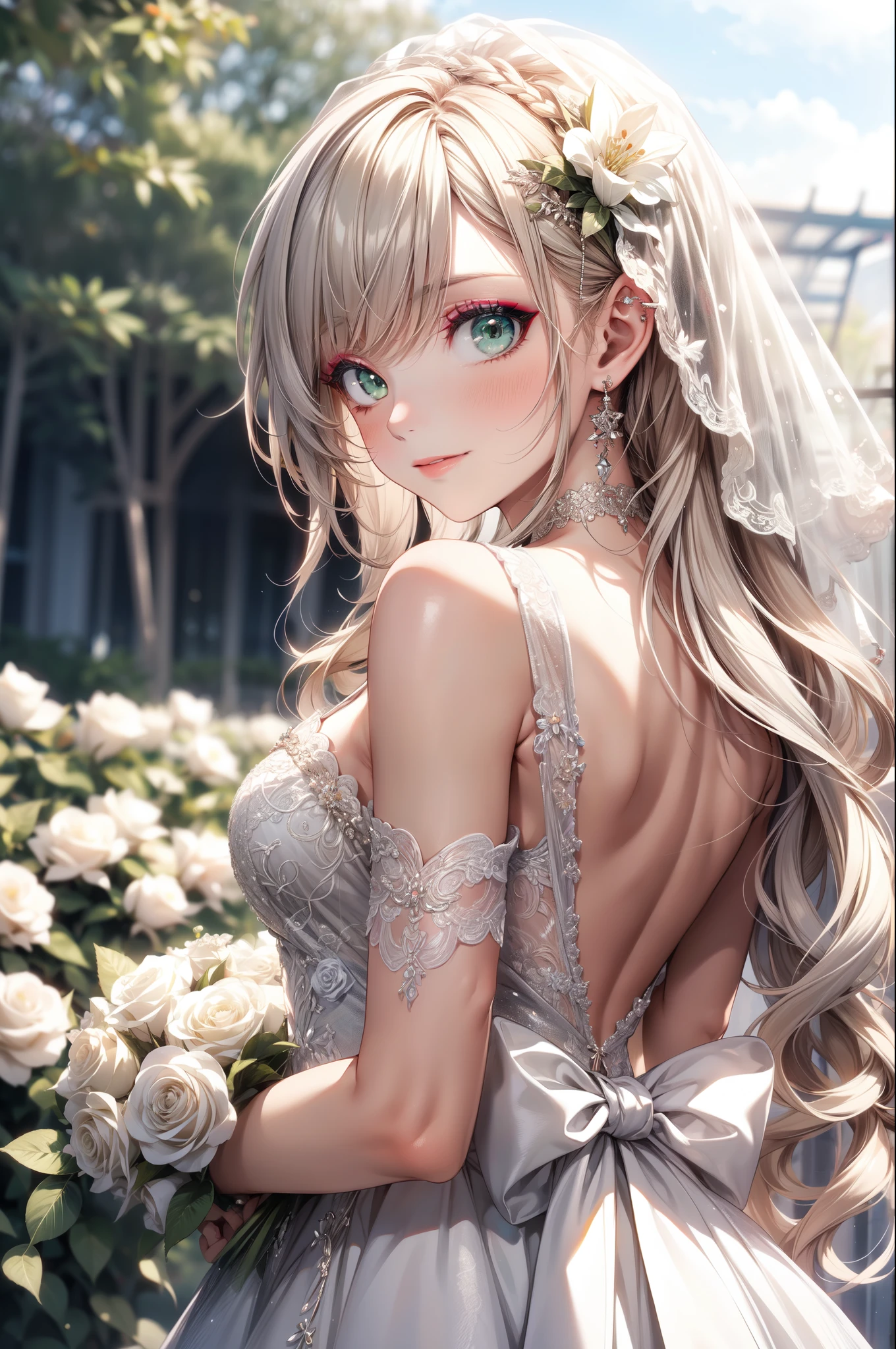 (masterpiece, best quality, beautiful and aesthetic:1.3), upper body, look back, looking at viewer, 1girl, solo, light smile, (makeup, long hair, light grey hair, green eyes:1.2), ruanyi0256, bridal veil, lace-trimmed dress, see-through, wedding dress, outdoors, white roses, garden, morning, standing, extreme detailed, 