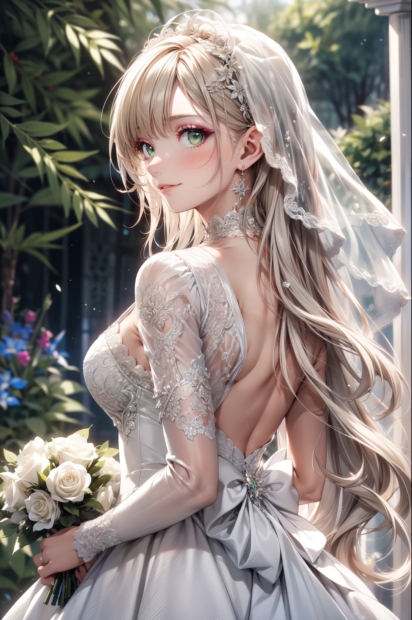 (masterpiece, best quality, beautiful and aesthetic:1.3), upper body, look back, looking at viewer, 1girl, solo, light smile, (makeup, long hair, light grey hair, green eyes:1.2), ruanyi0256, bridal veil, lace-trimmed dress, see-through, wedding dress, outdoors, white roses, garden, morning, standing, extreme detailed,