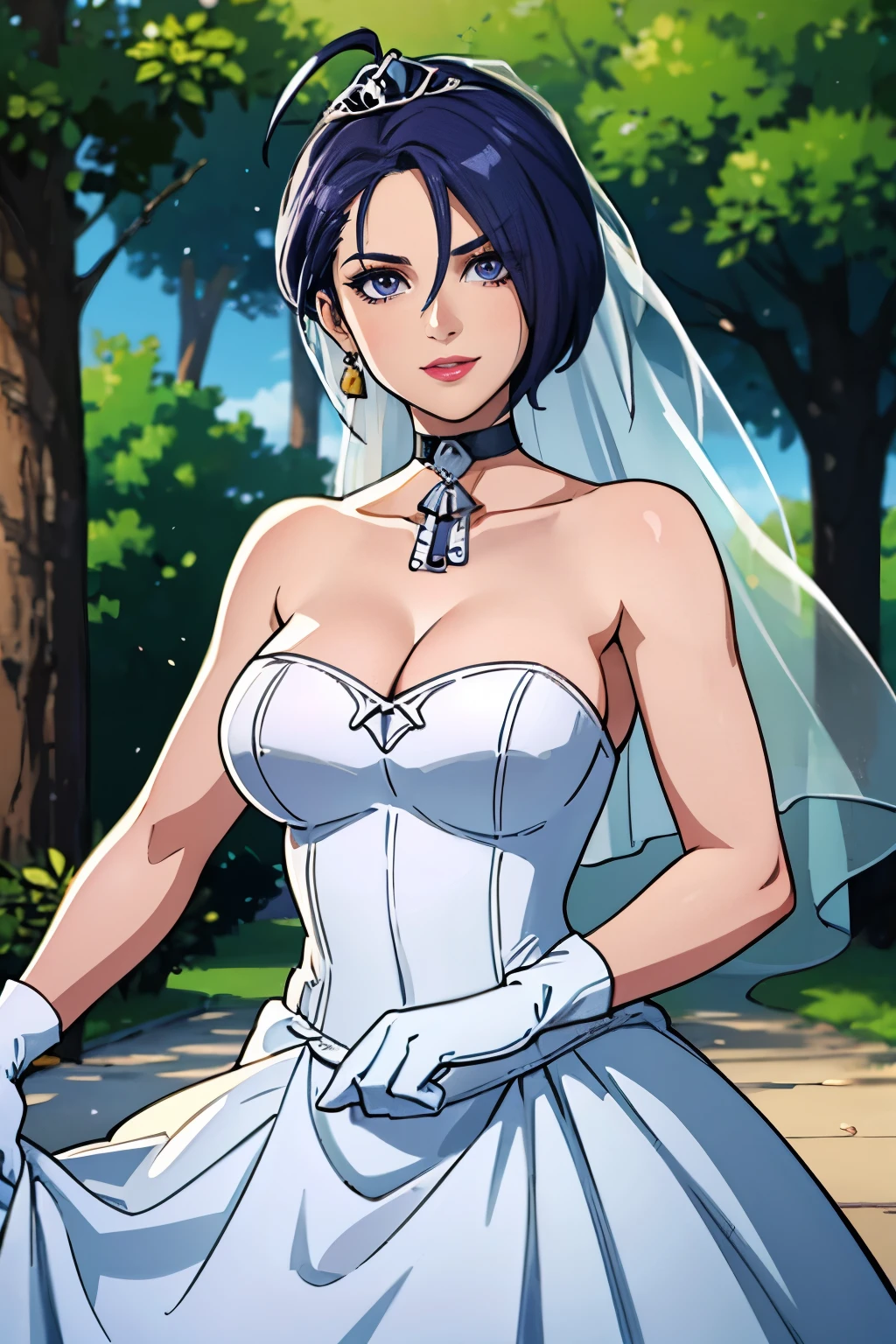 1girl, solo,Shamir fe, crown,earrings ,lipstick, eye shadow, makeup, hair between eyes, ahoge, hair ornament, gloves, dress, cleavage, bare shoulders, collarbone, white oprea gloves, white gloves, white dress, strapless, white choker, tiara, veil, strapless dress, wedding dress, bridal veil, beautiful woman, perfect body, perfect breasts, wearing a wedding dress, ball gown, in the park trees, wedding decorations, looking at the viewer,  smile, realism, masterpiece, textured skin, super detail, high detail, high quality, best quality, 1080p,