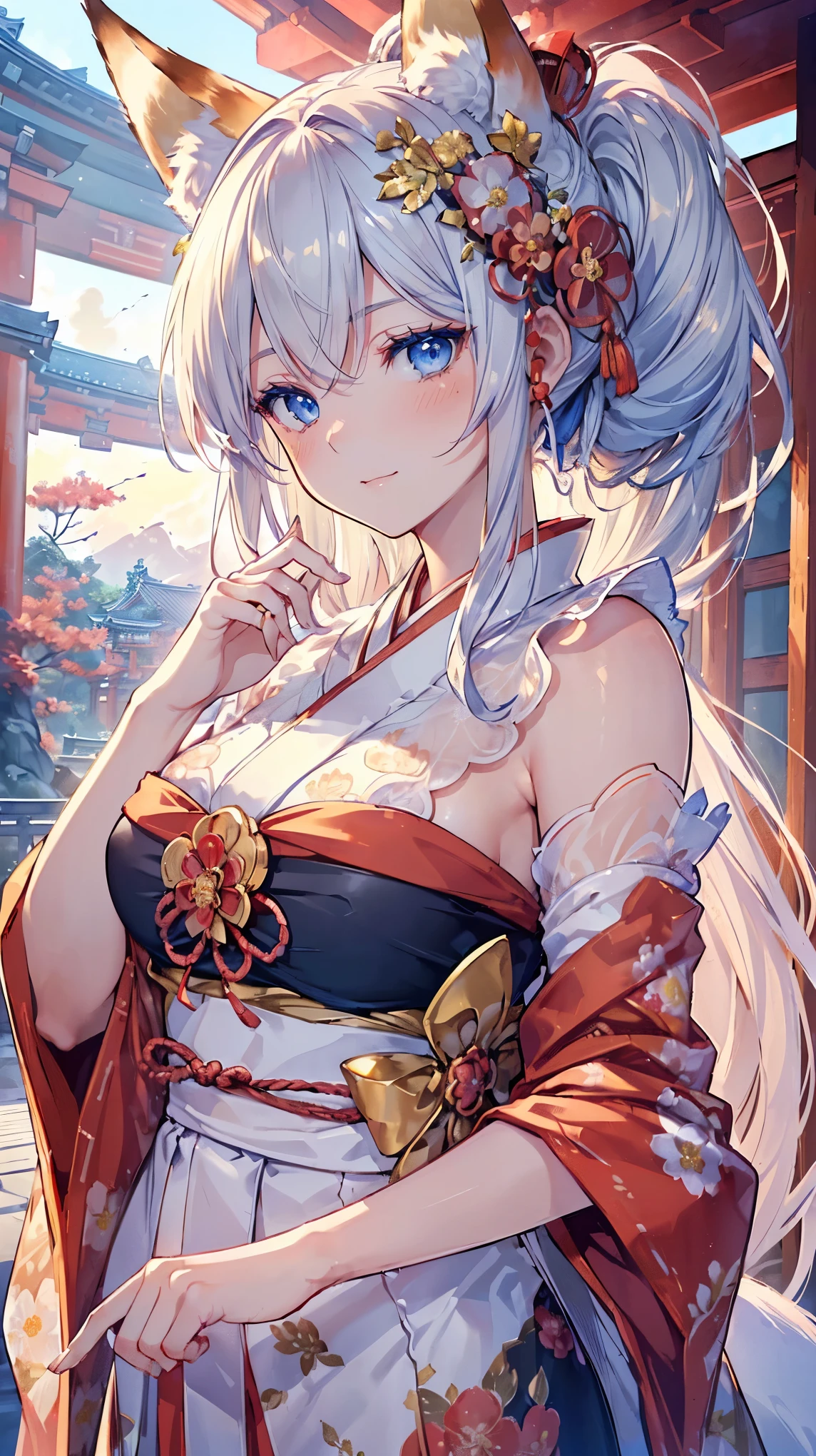(((Masterpiece))), (((Highest quality))), ((Ultra-detailed)), ((Super fine illustration)), ((Ultra-fine painting)), (16K highest quality wallpaper:1.4), (Upper body:1.6), HDR, (Highly detailed and delicate illustration style:1.8), Detailed skin texture, Detailed cloth texture, Extreme detailed description, (T-masterpiece), (Highly detailed face:1.2), (Highly detailed fox ears:1.2), (Highly detailed shiny golden brown half updo:1.2), (Highly detailed clear blue eyes:1.2), Original, RAW photo, Professional, Intricate details, Super details, Direct light:1.6, (Perfect anatomy:1.4), (Highly detailed hands:1.2), (Highly detailed fingers:1.2), (Highly detailed fingertips:1.2), (27-years-old), Real, (Solo:1.8), ((A very beautiful and attractive fox fashion model with blue eyes wearing a bright red furisode with a floral pattern:1.4)) BRAKE (Beautiful and adorable fox ears:1.6), (Highly detailed and delicate fox ears:1.4), (Beautiful and well-shaped big breasts:1.2), (Beautiful and well-shaped buttocks), (Beautiful and shiny golden brown half updo:1.4), (Highly detailed and delicate golden brown half updo:1.2), (Beautiful clear blue eyes that shine with great detail:1.6), (Highly detailed and delicate blue eyes:1.2), (Highly detailed face:1.4), (Smile:1.5), (Blush:1.4), (Looking at viewer:1.4), (Celebration:1.4) BRAKE (Bright red furisode with floral pattern:1.4), (Japanese traditional costume:1.2) BRAKE (Concept art:1.2), (Detailed fantasy art:1.2) BRAKE (Highly detailed and delicate Ise Grand Shrine in Mie Prefecture in the background just after noon in spring:1.6), (Celebration:1.4), Ise Grand Shrine:1.4, Torii gate of Ise Shrine:1.4, Very beautiful in the sunny sky background just after noon:1.4 BRAKE