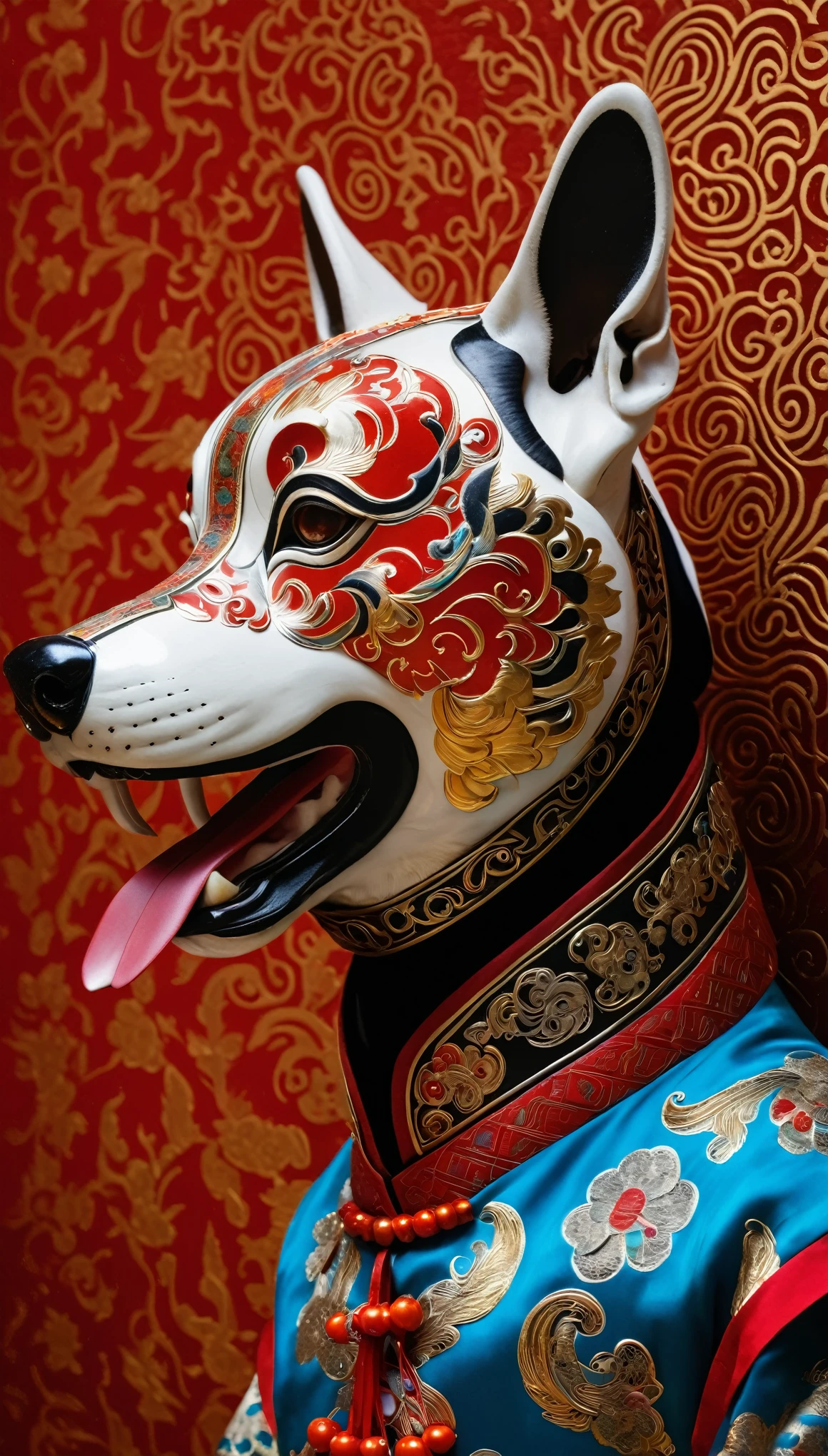 Surrealistic photography, closeup profile of the head and shoulders of an anthropomorphic Chinese dog wearing traditional Sichuan opera masks on its face, adorned with intricate patterns in black, white gold and red colours. The background is a vibrant patterned wall covered in colourful fabric, creating a strong visual contrast.