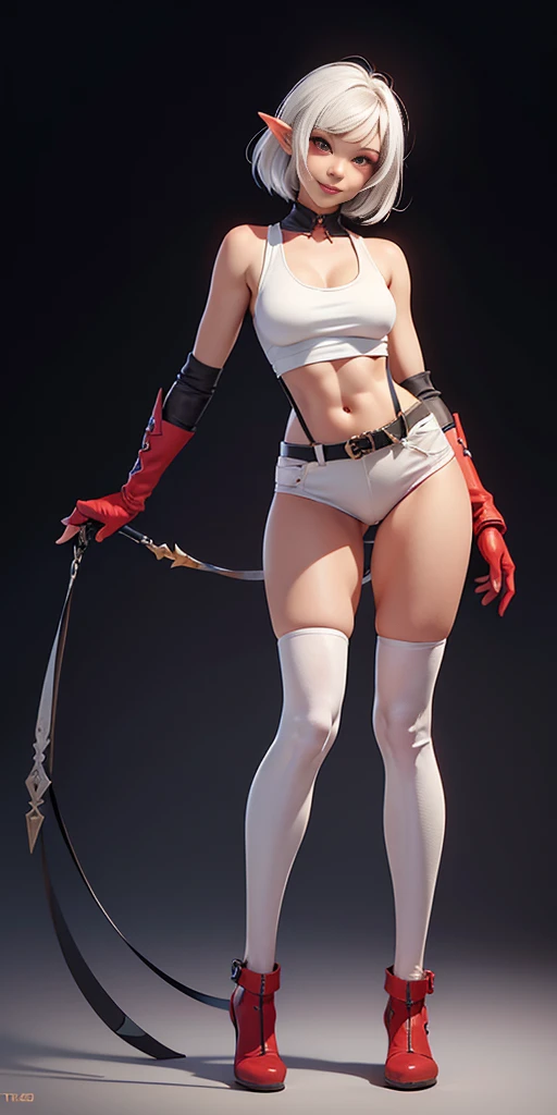 (Masterpiece, plain background:1.2) Blackest blacked dark skin elf 1sologirl (8k, best quality, masterpiece:1.2) (realistic, photo-realistic:1.37) (full body) 1female solo girl, standing straight symmetrical contrapposto 2legs apart (wide stance) ultra detailed, cute (beautiful detailed eyes) (smile:1.2) (closed mouth) (red cheeks) sharp focus, depth of field, good composition, very long straight WHITE SILVER hair, hair bang ((red eyes)), intricate, bokeh (Tetsuya Nomura style) perfect knockers, white tank top, black thong, suspenders, red gloves gauntlets, white stockings, toned body, athletic, wide hips, thin waist, toned arms, exposed abdomen, abs toned, navel, big belly button belt, view from behind