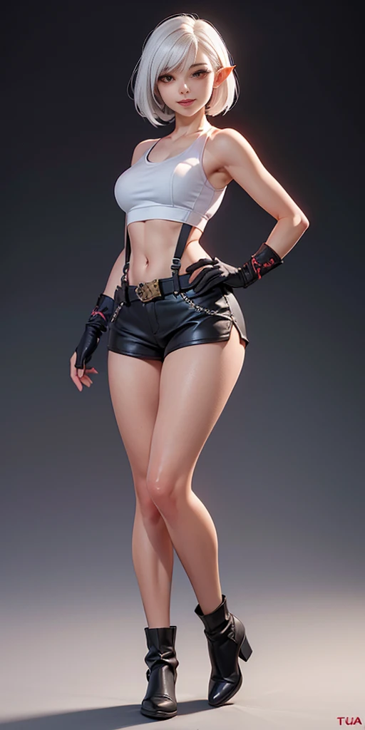 (Masterpiece, plain background:1.2) Blackest blacked dark skin elf 1sologirl (8k, best quality, masterpiece:1.2) (realistic, photo-realistic:1.37) (full body) 1female solo girl, standing straight symmetrical contrapposto 2legs apart (wide stance) ultra detailed, cute (beautiful detailed eyes) (smile:1.2) (closed mouth) (red cheeks) sharp focus, depth of field, good composition, very long straight WHITE SILVER hair, hair bang ((red eyes)), intricate, bokeh (Tetsuya Nomura style) perfect knockers, white tank top, black thong, suspenders, red gloves gauntlets, white stockings, toned body, athletic, wide hips, thin waist, toned arms, exposed abdomen, abs toned, navel, big belly button belt, view from behind