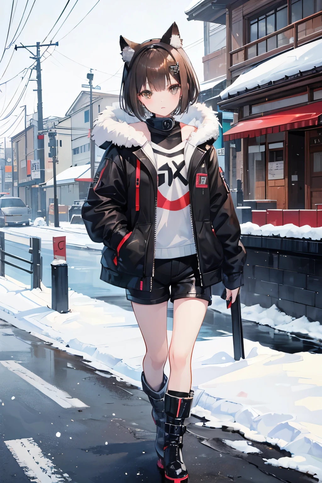 
girl、black hair、short hair、Jacket with fur（black）、hot pants（gray）、boots with buckles（Brown）、Ear warmers、（Flat Brown）、While walking、Otaru Canal、Snow Scene