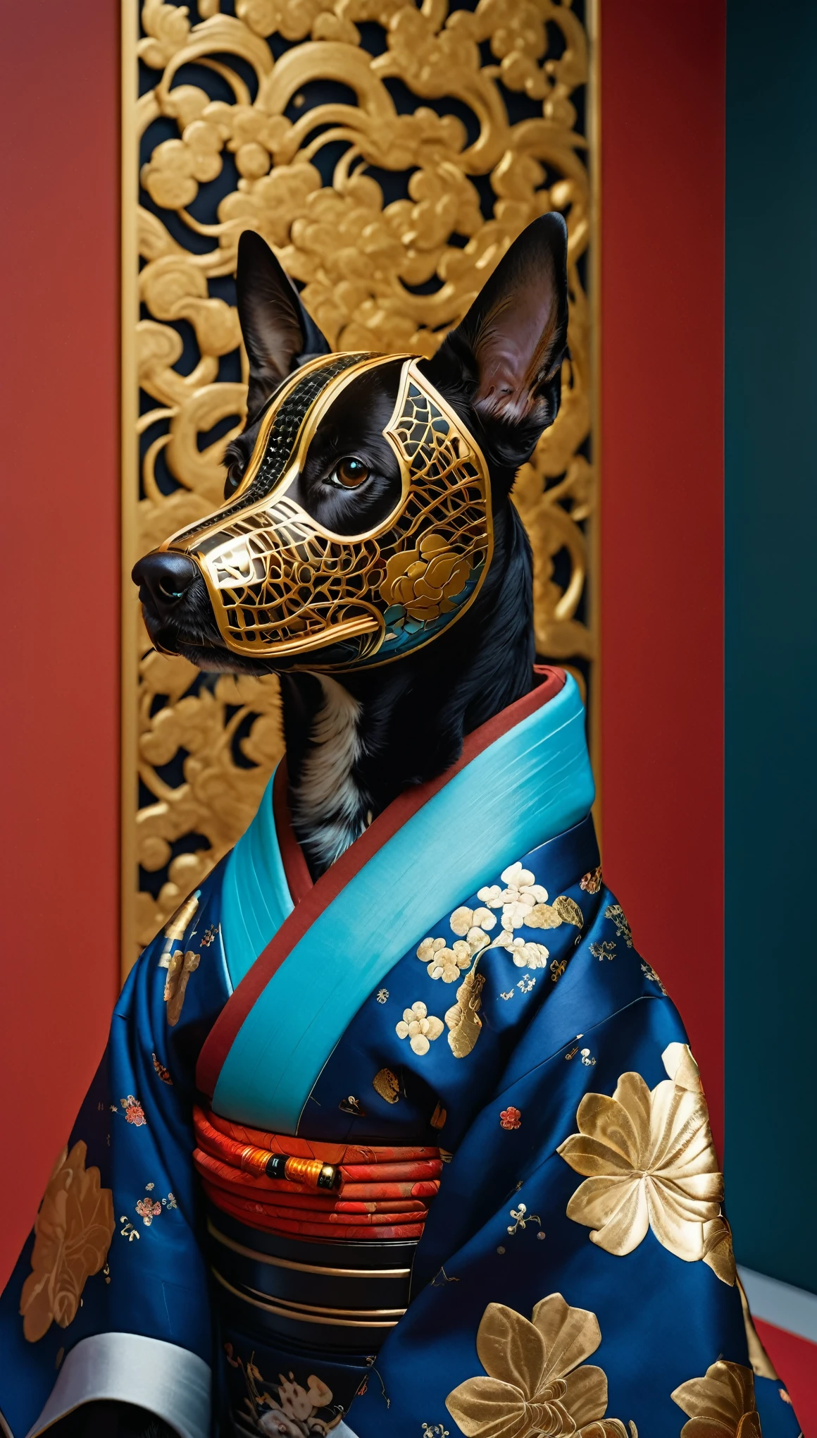 A hyperrealistic fashion photography of an anthropomorphic dog in the style of futuristic samurai, wearing a traditional Japanese kimono with patterns and embroidery, face mask made out by black glass porcelain , he is adorned with gold ornaments and big earrings, a colorful patterned wall behind him . The photo was taken from side view, using a Canon EOS R5 camera with a macro lens, capturing intricate details on his costume and accessories. High resolution, sharp focus.