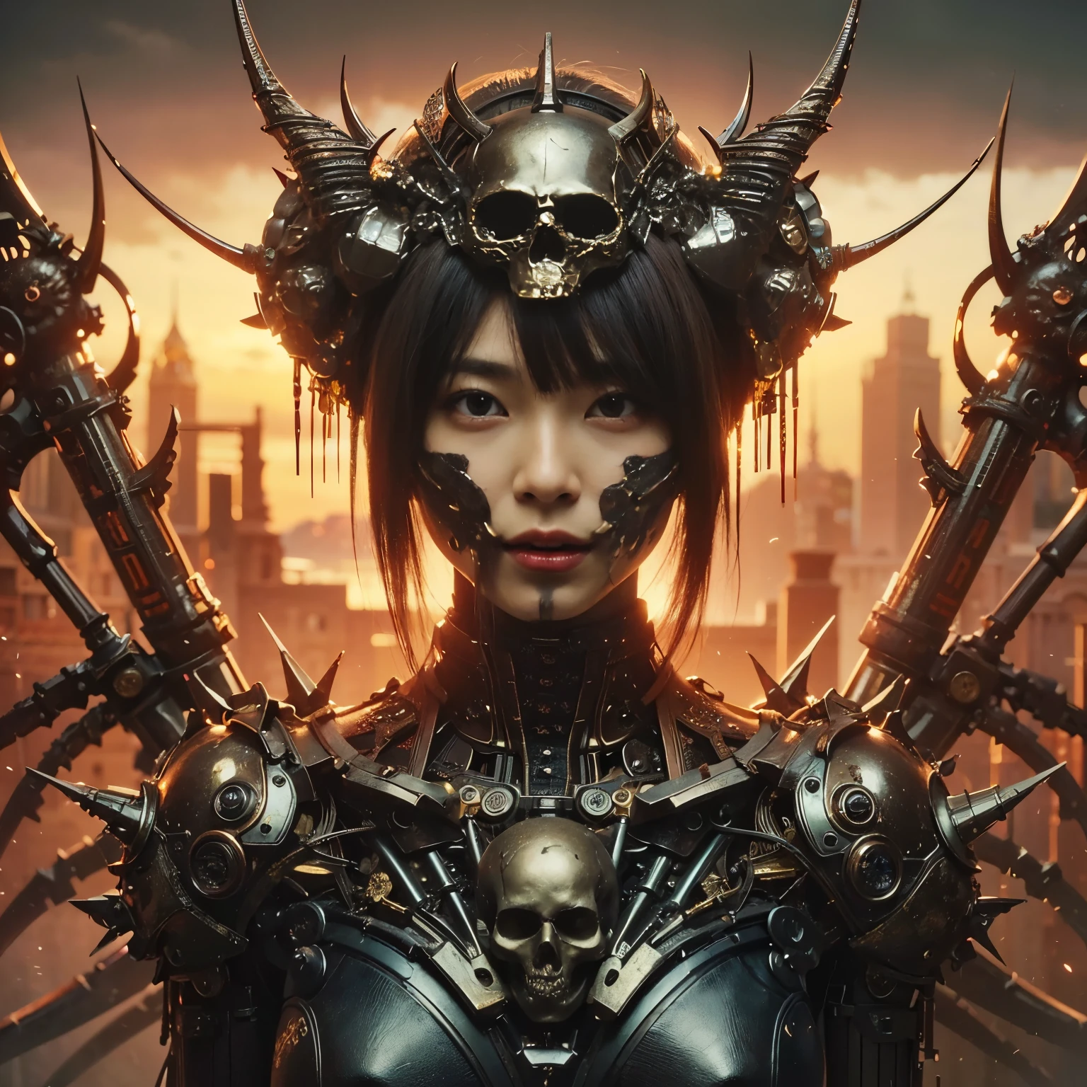 (masterpiece、highest quality、Realistic photos)、A very cute Japanese woman、(Brown skin:1.4)、A complex copper and brass mechanical armor with a skull motif.、Bat Wings、White tone、Blue accents、foot、Extremely intricate details、Posing on the medieval castle walls at sunset、Full Body Shot、Minimum 4 or more generated