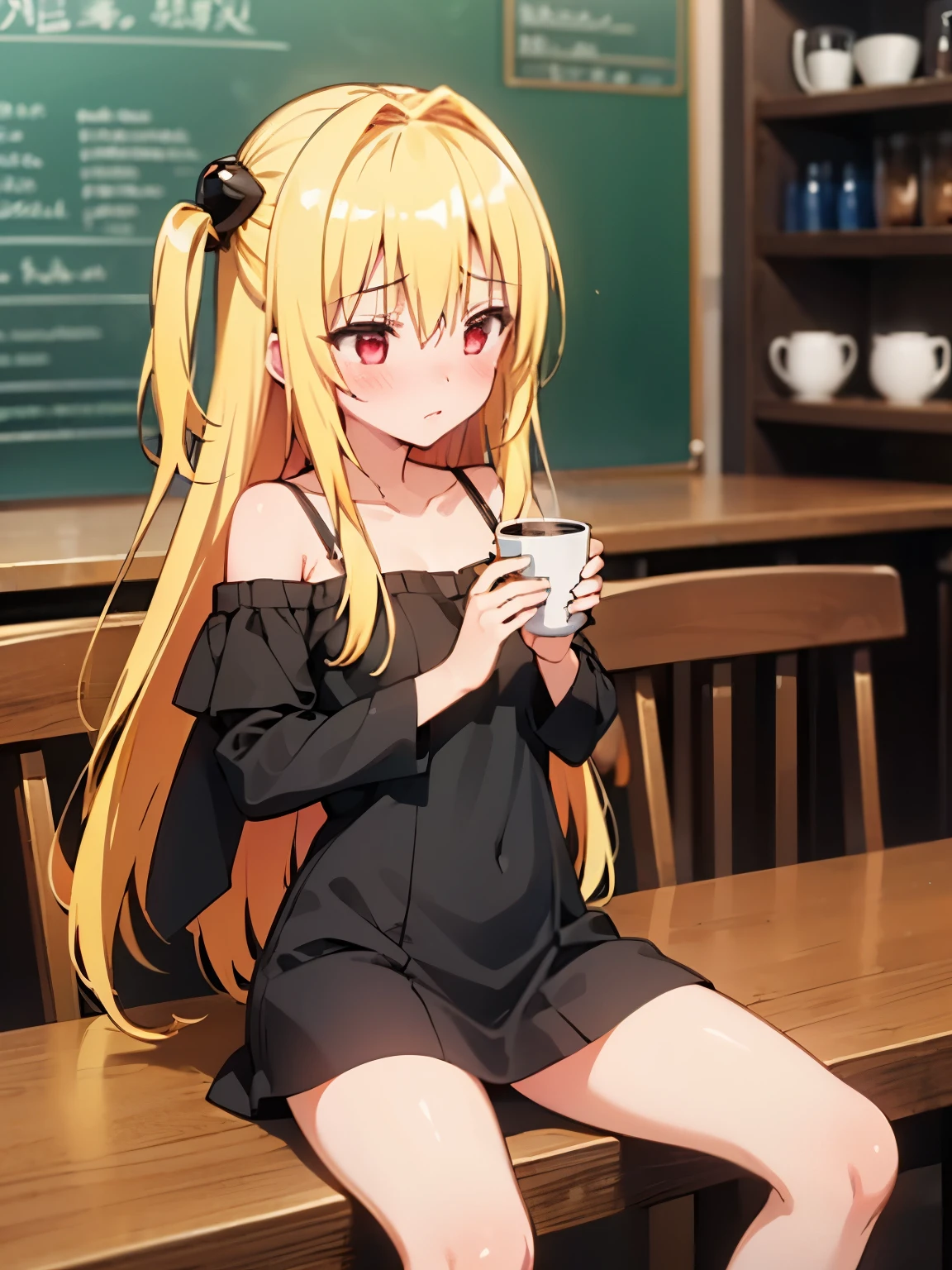 NSFW,Fiami、1 girl、Long Hair、solo、hair ornaments、Two Side Up、Blonde Hair、Red eyes、hair ornaments,Mini dress,Off the shoulder,Embarrassed,blush,(Perfect hands),(Perfect Anatomy),(masterpiece),(highest quality),Coffee shop,table