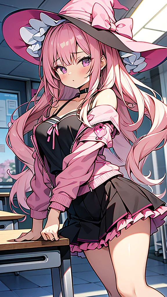 anime style,13years old girl,pink Jacket,black camisole with pink ribbon,pink_witch_hat with pink rose accessories,black skirt with pink frill,Gyaru-style vertical roll hair,midium breasts,class room,