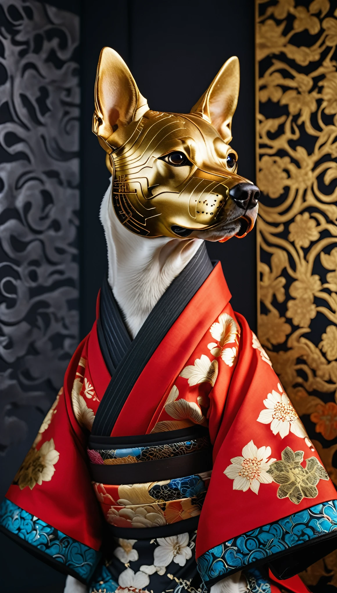 A hyperrealistic fashion photography of an anthropomorphic dog in the style of futuristic samurai, wearing a traditional Japanese kimono with patterns and embroidery, face mask made out by black glass porcelain , he is adorned with gold ornaments and big earrings, a colorful patterned wall behind him . The photo was taken from side view, using a Canon EOS R5 camera with a macro lens, capturing intricate details on his costume and accessories. High resolution, sharp focus.