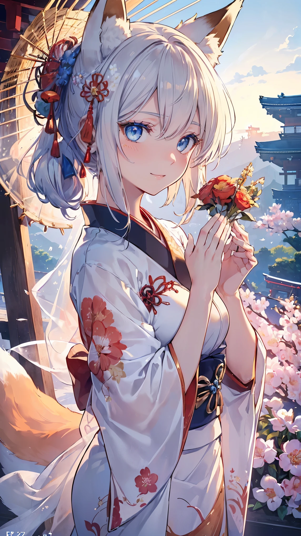 (Best quality,4K,8K,High resolution,Masterpiece:1.2),Super detailed,(Actual, Realistic),
break,
((Beautiful clear blue eyes:1.2)),
break,
((Beautiful and shiny silver hair:1.3)),shy smile,
break,
(red floral patterned kimono:1.3),
break,
morning glory garden,((hide your hands behind your back:1.3))