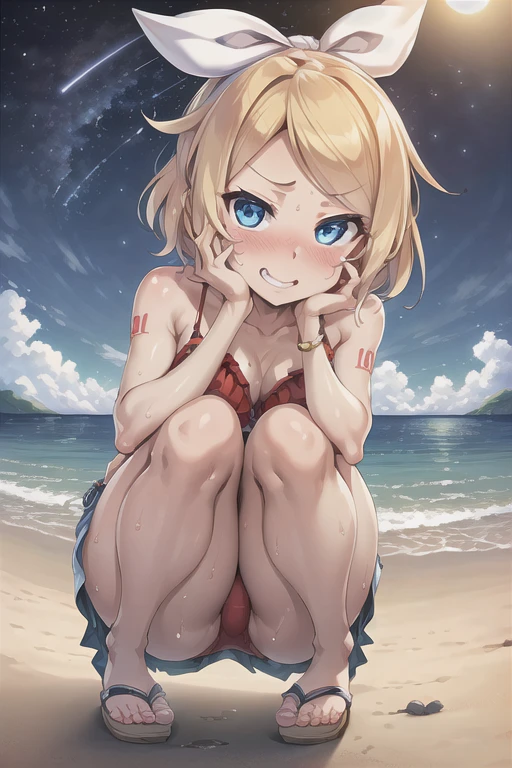 (((masterpiece))), ((highest quality)), ((Very detailed)), ((High resolution)), ((8k)), ((Anatomically correct)), ((The correct number of fingers)), One Woman, Kagamine Rin, Vocaloid, Blonde Hair, short hair, (White ribbon on head), Short, Very cute woman, delicate, Charming smile, Blue eyes, Bright Eyes, Best moment, Vivid eyes, Beautiful Skin, Cute face, delicateな腕, Detailed skin texture, Intricate details, Very detailedな顔, Beautiful Eyes, Beautiful curves, View your viewers, Beautiful thighs, A red bikini with frills on the top, Denim shorts on the lower body, Sweat, Wearing Sandals, smug face,  Beautiful standing posture, Model standing, Open your mouth, Beach at night, Stars in the background, blush, Date with a lover,