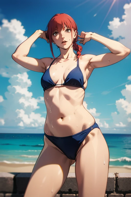 1girl, solo,underwear, navel, breasts, realistic, long hair,, lips, looking at viewer, red hair, collarbone,braided ponytail,yellow eyes, cowboy shot, jewelry, standing, from below, one piece school bikini, legs open wide, dynamic pose, white skin, pale skin, sweaty armpits, outside, sun, skies, blue skies, seaside, beach sand, cameltoes, 16:9