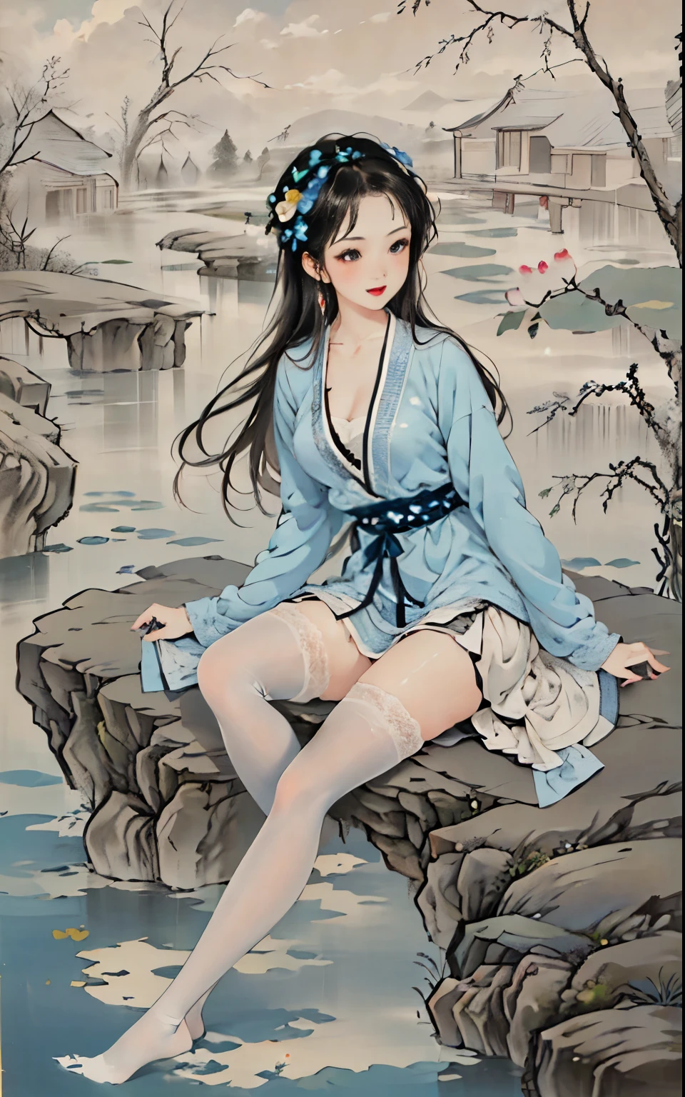 (masterpiece, best quality:1.2), 1girl, sw,solo,black stockings,full body,ancient，（miniskirt:1.5），Leaking thighs，Extra large breasts，Sixteen-year-old girl，Oil painting style、Digital art、Retro anime style、