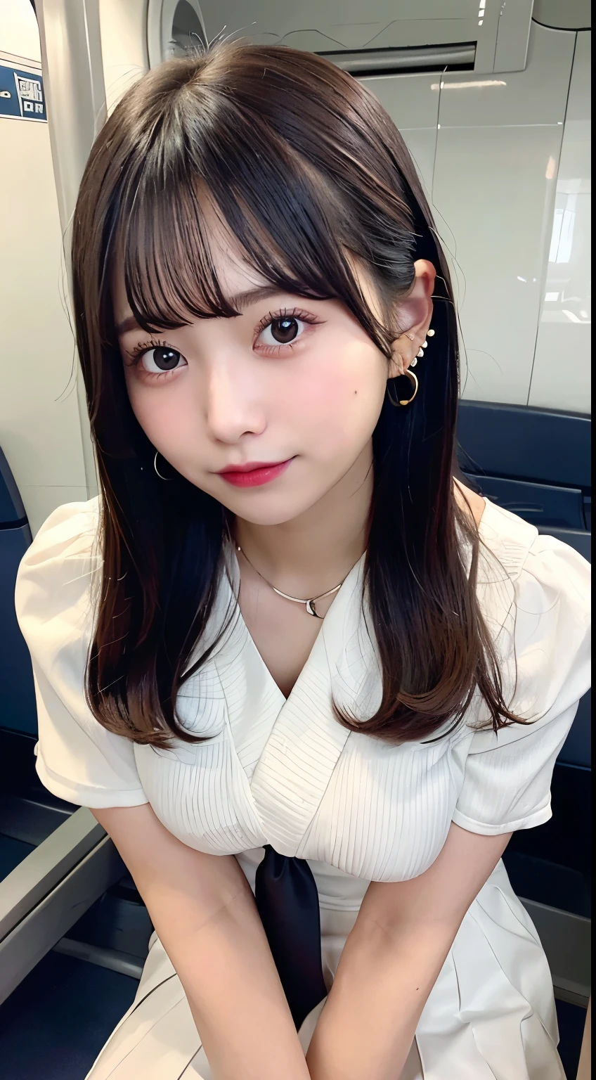 8K RAW Photos、High resolution、breast enhancement、Abdominal muscles、Ribbed、Black-haired、Beautiful at 22 years old Japan、Round face、very small lips、Round big、valley、Beautifully drawn eyes in every detail、Long eyelashes、Beautiful double eyelids、Three white eyes、Duck mouth、Blunt bangs、Bowl Cut、Earrings、necklace、Random facial expressions、White dress shirt, Upper Body,, (Navy Pleated Skirt:1.1), Thighs Thighs Thighs Thighs, Short sleeve, in the train, sit on bench seat, (Dark red tie:1.1)、Shortcuts