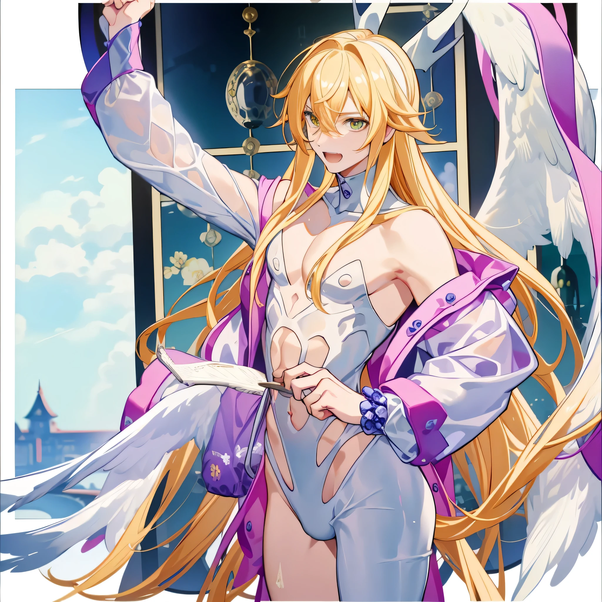 male、solo、Mature beautiful male、masterpiece、Dominant、As an angel、Long Hair、Blonde、White leotard、(man wore female leotard)、(gold strapless bra)、White knee sockan wore knee socks)、Angewomon as a male、Angel Wings、whole body、((Male body:1.5))、