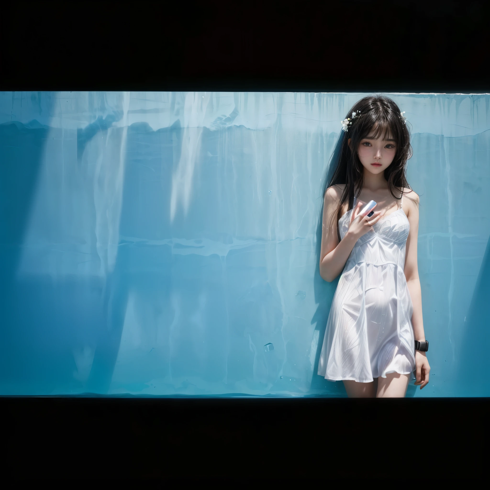 With a cell phone、There is a young girl standing against a wall that reflects beautiful ripples from the pool., 4K], 4k, White Summer Dress、14-year-old female、Black Hair、Apple watch, realism