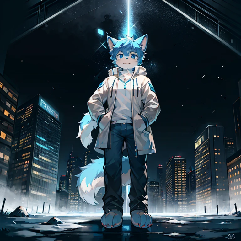 blue eyes的狼,Under the Stars,Blue fur,view,8k,juvenile,whole body毛茸茸,whole body,Fluffy tail,blue eyes,Handsome,Standing,emaciated,White Windbreaker Jacket,Light-colored pants,City,Put one hand in your pocket,shorts,paw,paw pads,漏出paw,No shoes,big ear,Furry ears,paw