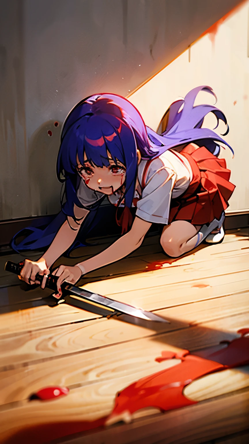 Furude rika crazy girl crazy  socks older long hair shrine maiden red hakamo red skirt cleavage breasts white shirt. stabbed blood knife crying blood on walls, wooden floor blood on ground, blood on walls lots of red liquid spilled on floor