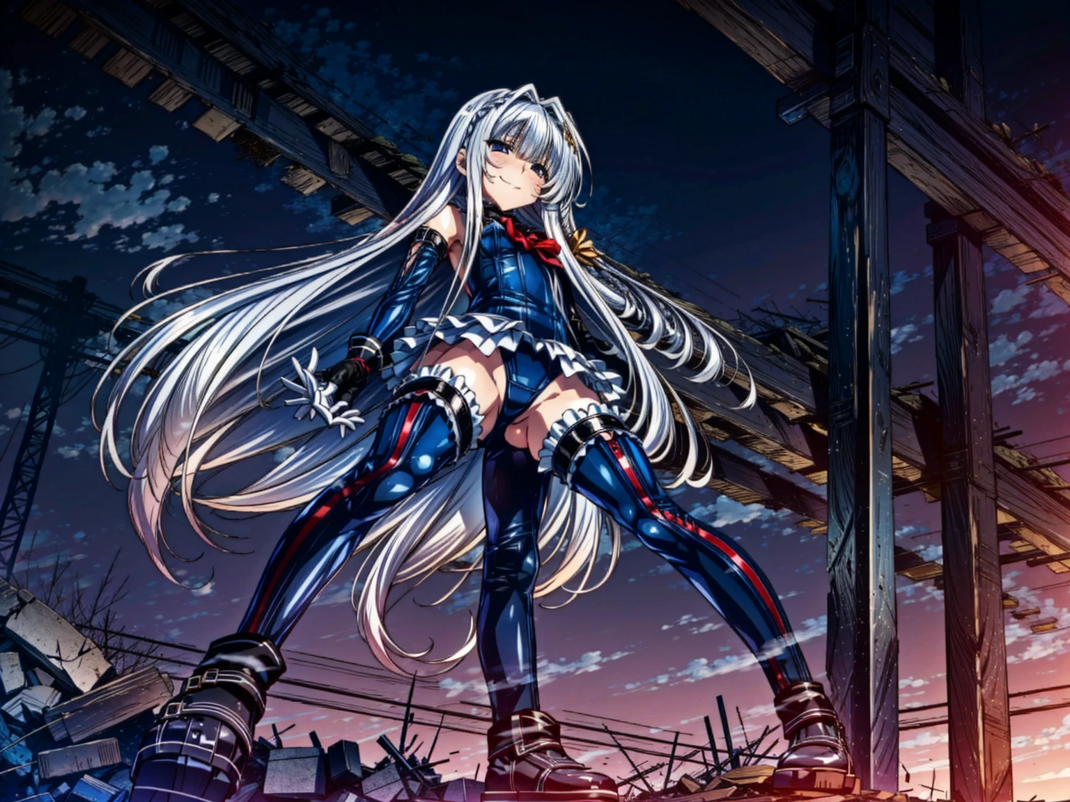 4k,perfect anatomy, highest quality, rose,evil smile,provocative attitude
,(ung Girls greet dawn on top of a pile of rubble:1.1),evil smile,anime style,(white ruffle swimsuit, Thighhighs, removed sleeve), (anime style:1.4) ,
silver hair,(white fingers:1.1,black gloves),very long hair,evil aura,(from below:1.4),
empty eyes,full body