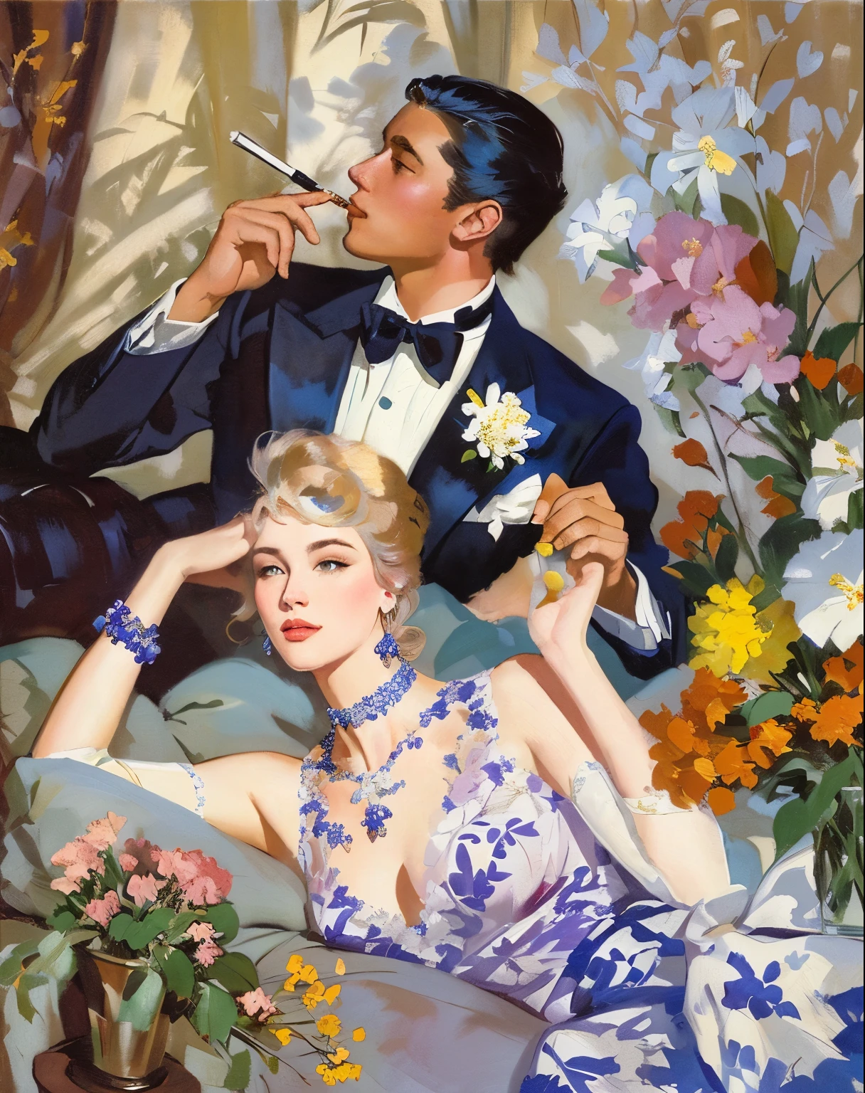 painting of a man and woman smoking in a room with flowers, by Coby Whitmore, leyendecker style, part leyendecker style, by Robert McGinnis, joseph leyendecker, leyendecker, inspired by Coby Whitmore, by Pruett Carter, j.c leyendecker, j. c leyendecker, j c leyendecker