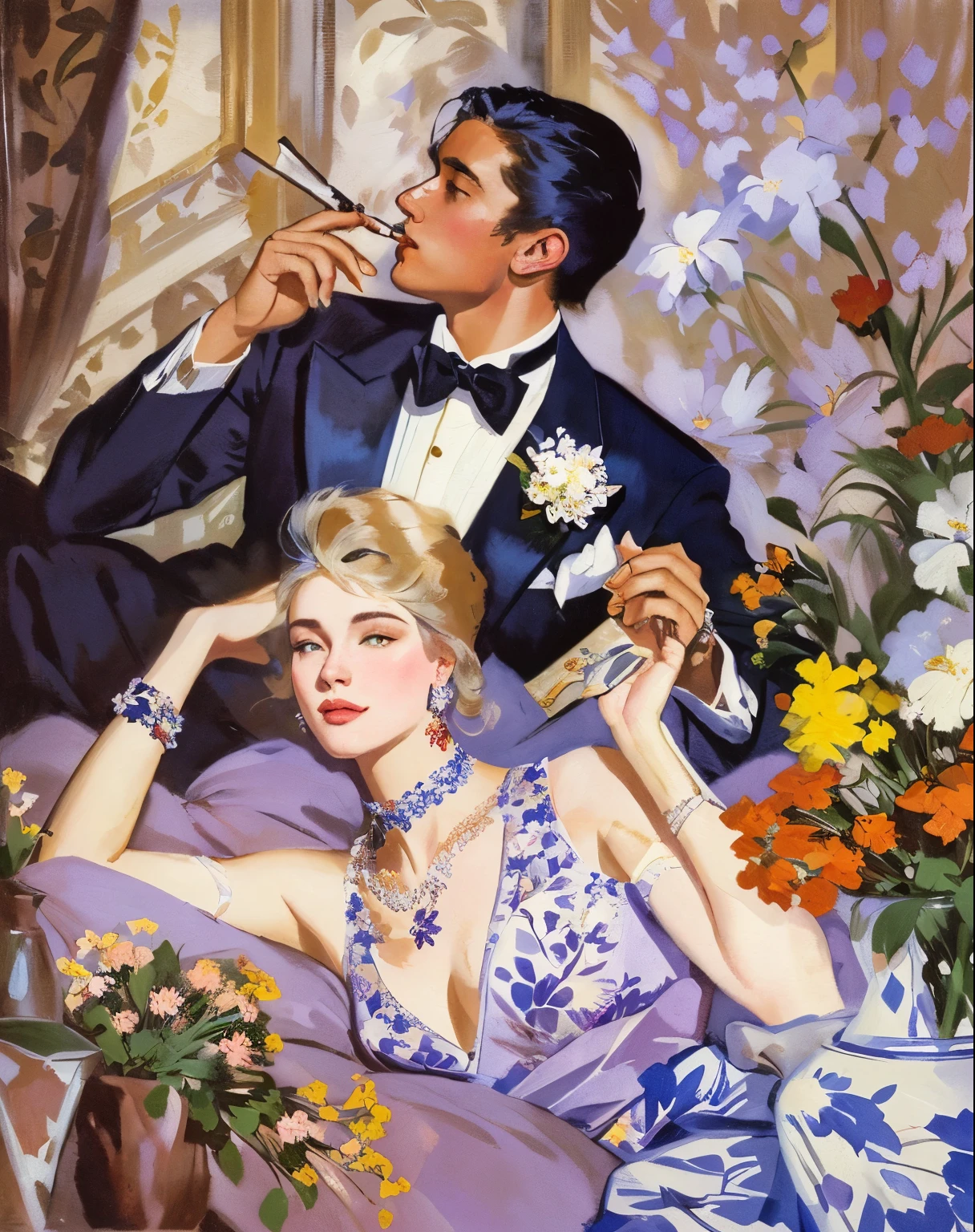 painting of a man and woman smoking in a room with flowers, by Coby Whitmore, leyendecker style, part leyendecker style, by Robert McGinnis, joseph leyendecker, leyendecker, inspired by Coby Whitmore, by Pruett Carter, j.c leyendecker, j. c leyendecker, j c leyendecker