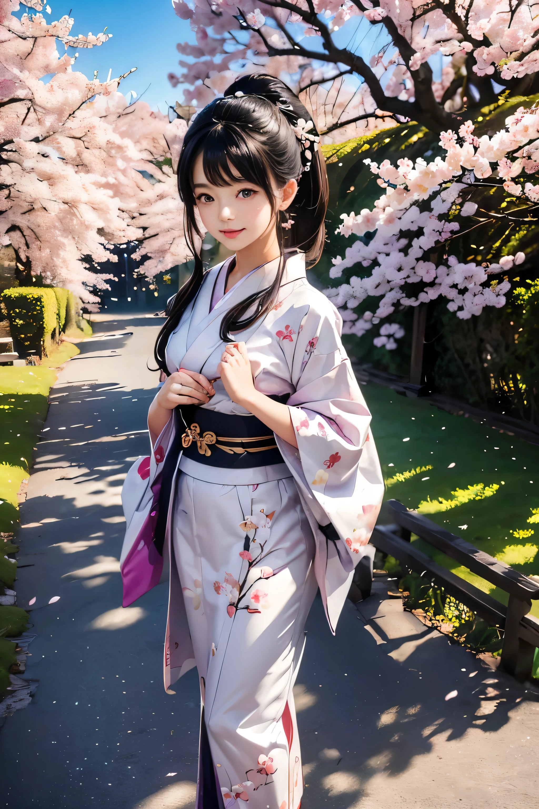 masterpiece, best quality, ultra-detailed, kawaii, cute, lovely, realistic, real, full body, mountain, cherry blossom tree, a cute girl, 1girl, solo, kimono, japanese cloth, beautiful black hair, beautiful purple eyes, beautiful eyes, white-skinned, ponytail, lip, light smile, wind effect