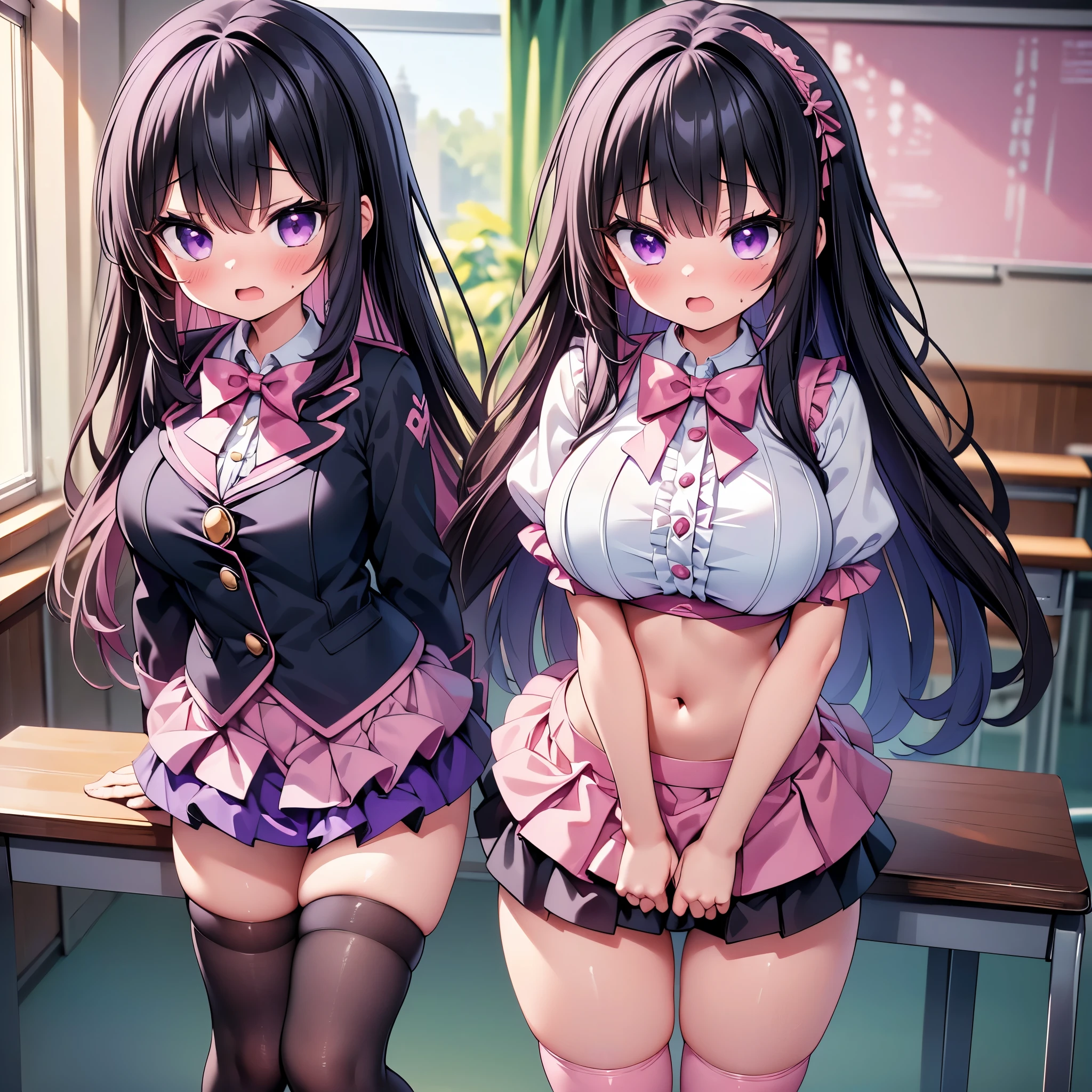 (8K、Best image quality、highest quality、masterpiece)、Detailed face、(2 girls, Black Hair, Purple Eyes, long hair)、Improve、 (magical pink girl outfit,frill mini skirt:1.2), (skinny body), (huge breasts:1.1), (crop under boob), (open mouth), (embarrassed), Classroom Background, (black stockings:1.2), (Thighs:1.2), (Waistline)