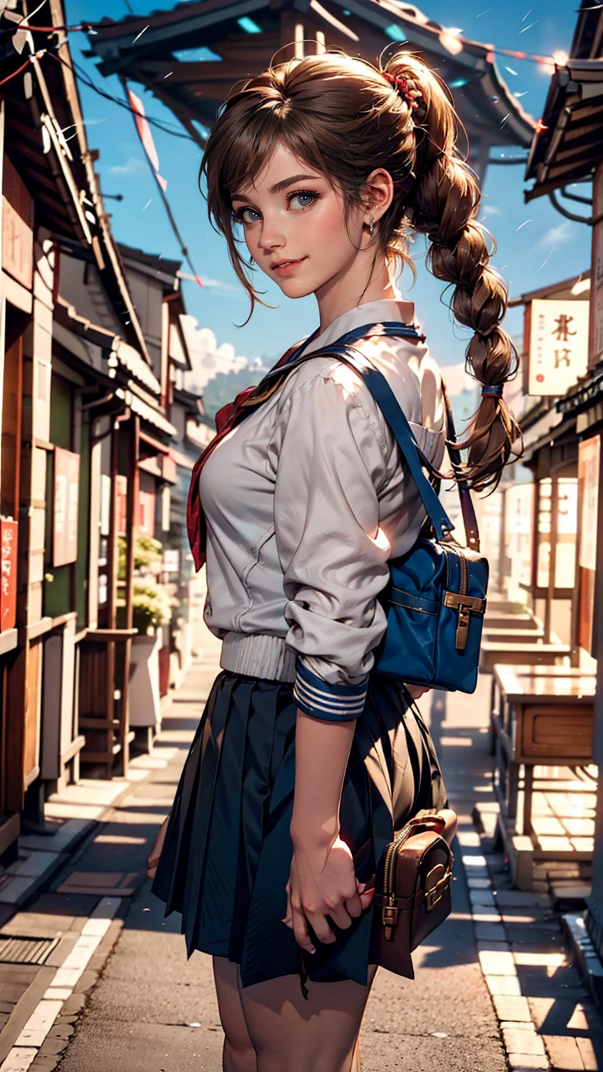 Cute high school girl in Japan、Wear a sailor uniform、A well-defined figure、Wear white socks、Wear loafers、Hold your school bag in front of your body、smile、Brown Hair、Aerial perspective((atmospheric perspective))、Braided ponytail((braided ponytail))
