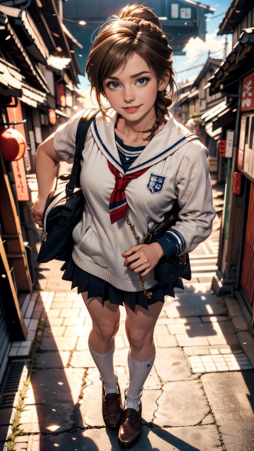 Cute high school girl in Japan、Wear a sailor uniform、A well-defined figure、Wear white socks、Wear loafers、Hold your school bag in front of your body、smile、Brown Hair、Aerial perspective((atmospheric perspective))、Braided ponytail((braided ponytail))