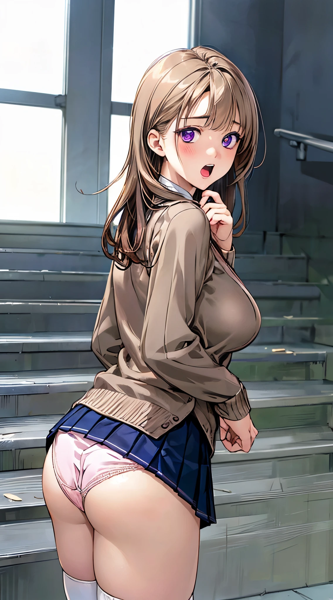 (masterpiece:1.2, highest quality), (Realistic, photoRealistic:1.4), Beautiful illustrations, (Natural Side Lighting, Cinema Lighting),
((From behind:1.2, Bottom View)), View your viewers, , 1 girl, Japanese, high school girl, Perfect Face, Cute and symmetrical face, Shiny skin,
(Long Hair:1.8, Straight hair:1.7, Blonde), Asymmetrical bangs, Purple eyes, (Large Breasts:1.1, Thick thighs), (Perfect Fingers),
Beautiful Hair, Beautiful Face, Beautiful fine details, Beautiful clavicle, Beautiful body, Beautiful breasts, Beautiful thighs, Beautiful feet, Beautiful fingers,
((Light blue collared shirt, Navy Pleated Mini Skirt, socks, Navy them, Light brown cardigan, White knee socks)), ((Pink Panties)),
(Beautiful views), evening, School stairs, walking, Leaning forward, Vibrator in knee socks, Dynamic Angle,
((Ahegao, Embarrassing, Scared, Open your mouth)), Looking up from the bottom of the stairs, looked back, ((Stick your butt out)),