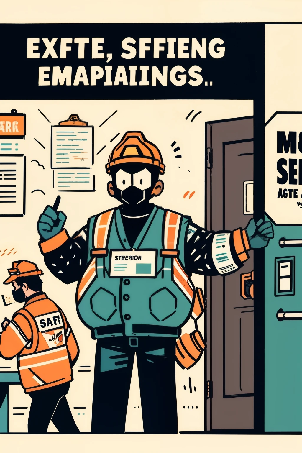 (brightly colored,higcontrast,striking,impressive,vibrant),A scene of frontline workers conducting safety training,A scene of frontline workers conducting safety training without any text present,A striking poster that catches the attention of workers and emphasizes the importance of safety,A scene of workers actively participating in safety training,A scene of workers actively identifying and addressing safety hazards,A whistle-blower raising awareness about potential risks and hazards,A scene depicting the involvement of all employees in safety protocols,A visually appealing image showcasing new concepts, practices, and achievements in safety,A visually appealing image showcasing the use of emergency exit signs,A scene of workers diligently inspecting work areas for safety hazards,A dynamically illustrated image encouraging active employee involvement in safety training and reporting hazards.