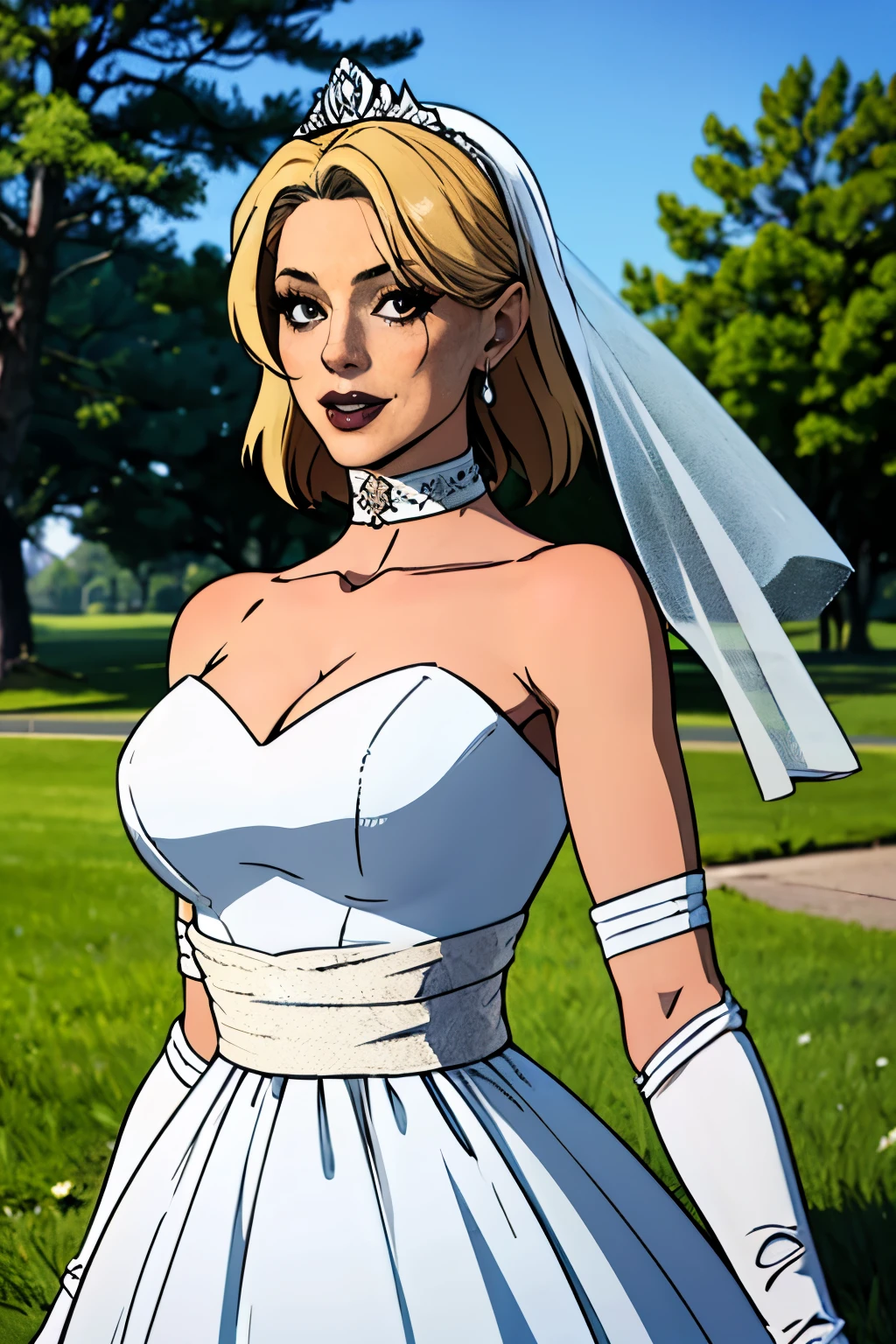 1girl, solo,Sareena MK, crown,earrings ,lipstick, eye shadow, makeup, hair between eyes, ahoge, hair ornament, gloves, poofy dress, cleavage, bare shoulders, collarbone, white oprea gloves, white gloves, white dress, strapless, white choker, tiara, veil, strapless dress, poofy wedding dress, bridal veil, beautiful woman, perfect body, perfect breasts, wearing a wedding dress, ball gown, in the park trees, wedding decorations, looking at the viewer,  smile, realism, masterpiece, textured skin, super detail, high detail, high quality, best quality, 1080p,