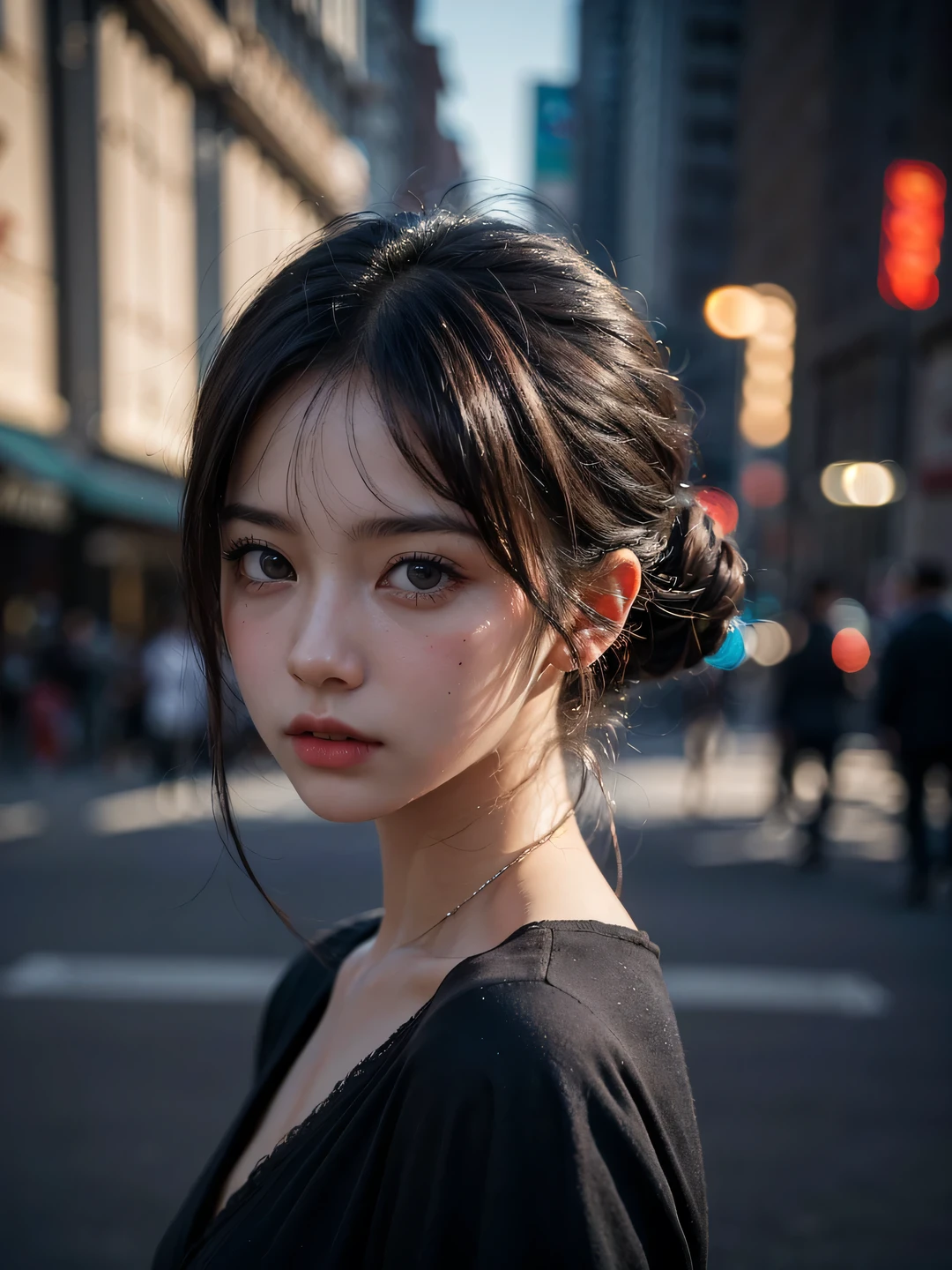 1girl, (looking at viewer:1.2), detail face, (a girl standing, rending on cgsociety, black shadows, streaming, new york backdrop), romanticism, atmospheric, (RAW photo, best quality), (realistic, photo-realistic:1.3), masterpiece, an extremely delicate and beautiful, extremely detailed,