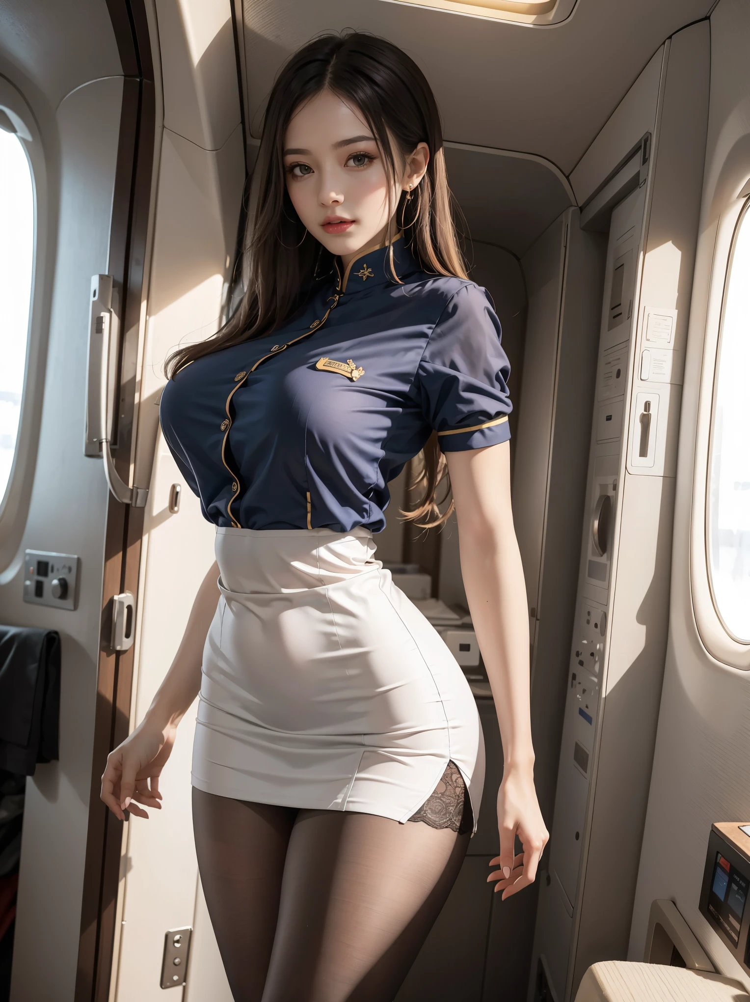 （From the outside） ， many color，Best quality at best，8K，real photograph，Delicate skin details，tmasterpiece，photograph of-realistic，Complicated details，RAW photogr,In the plane，ssmile，florals，stewardess，sockes,Extra-long hair，cropped shoulders，delicated face，Hainan Airlines，Flight attendant professional attire，Manteau，a skirt，decorations，Perfect Finger，Dissection is correct，(Huge room，0.8)，big cuvy hips，shiny skins，Shooting from front