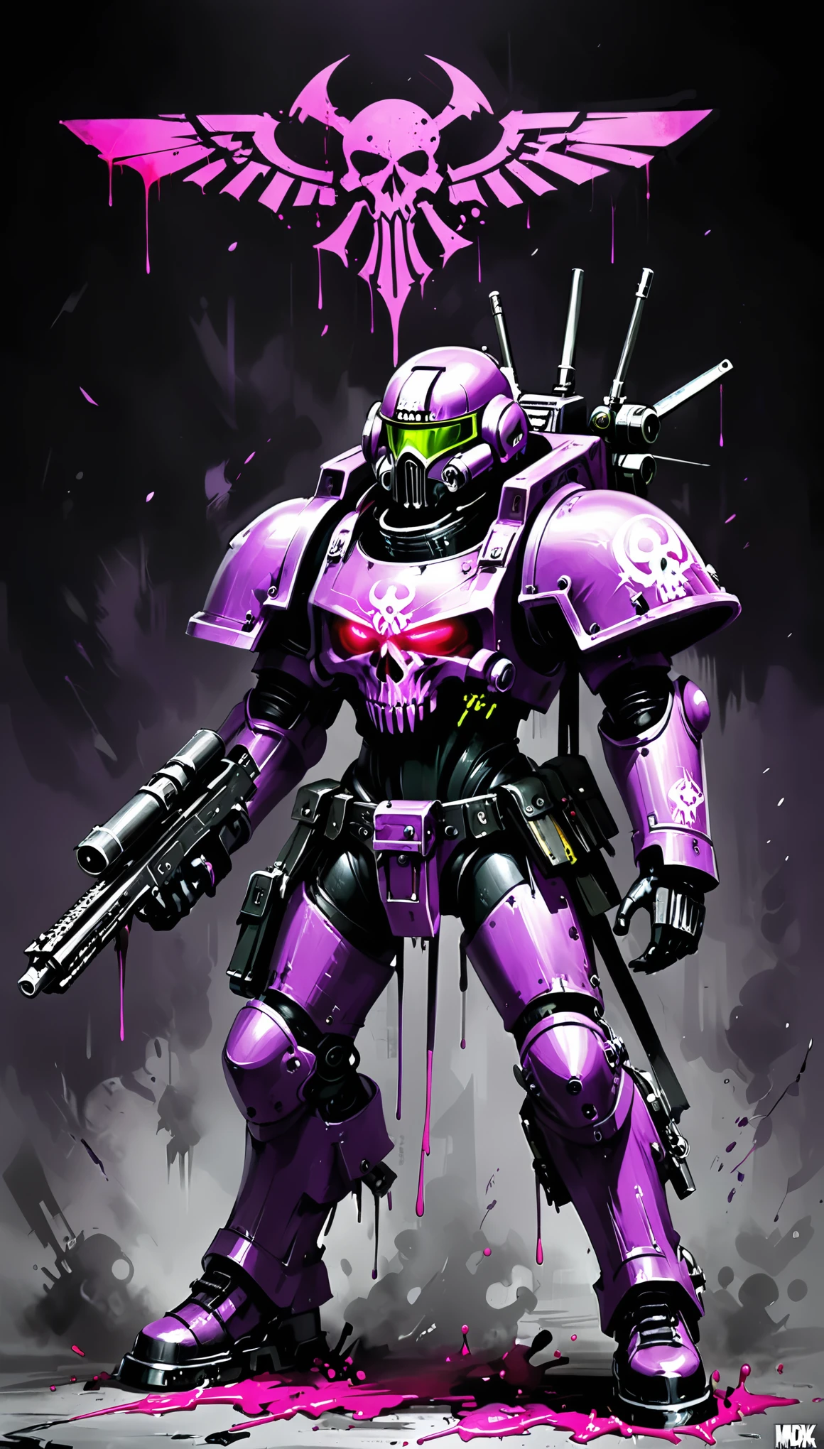 in style of Ashley Wood,1boy,role conception,terror blood,death sign,very detailed,more details,smooth and smooth strokes,modify weapons,portable device,(portable drone installations:1.3),(fluorescent paint logo:1.2),warhammer 40k,darkmagenta,darkviolet,