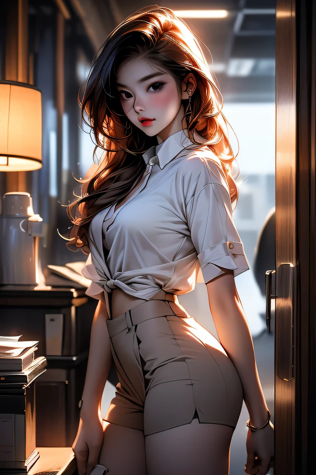 Portrait of a beautiful 18 year old girl, Redhead, Gorgeous Chinese, Cotton panties, At the entrance, (dark private office, Dark and gloomy light: 1.2), masterpiece, 最high quality, high quality, High resolution