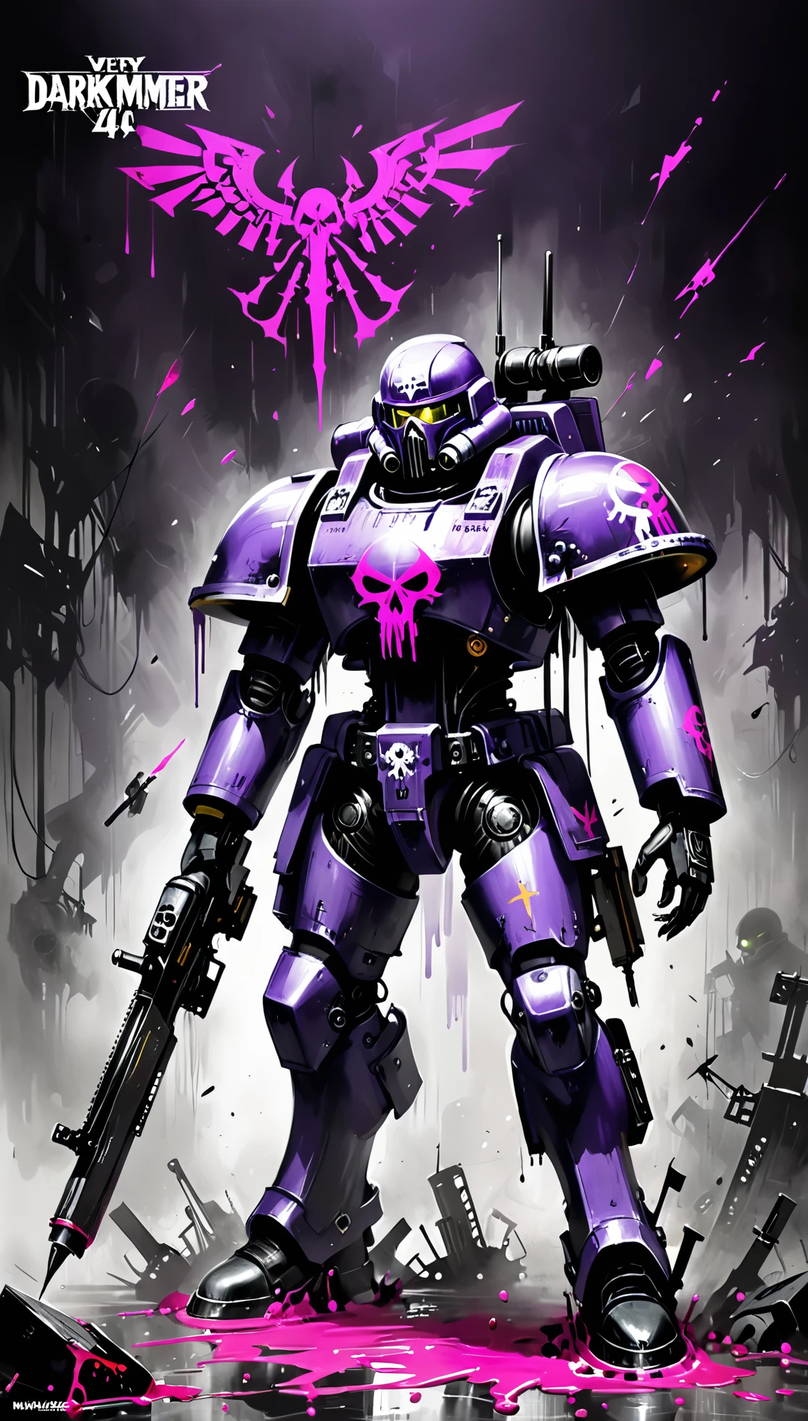 in style of Ashley Wood,1boy,role conception,terror blood,death sign,very detailed,more details,smooth and smooth strokes,modify weapons,portable device,(portable drone installations:1.3),(fluorescent paint logo:1.2),warhammer 40k,darkmagenta,darkviolet,