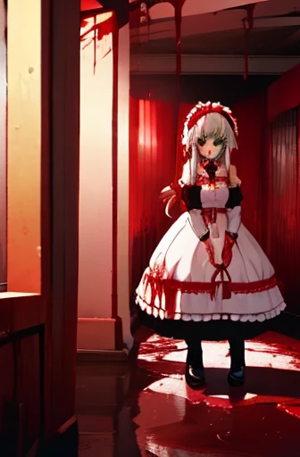 Masterpiece, best quality, official art, 1girl, ta dress, detached sleeves, neck ruff, blood on hands, open mouth, sharp teeth, bloody socks, mary janes, shiny black shoes, white socks, abandoned building, glowing eyes, green eyes, long hair, long pigtails